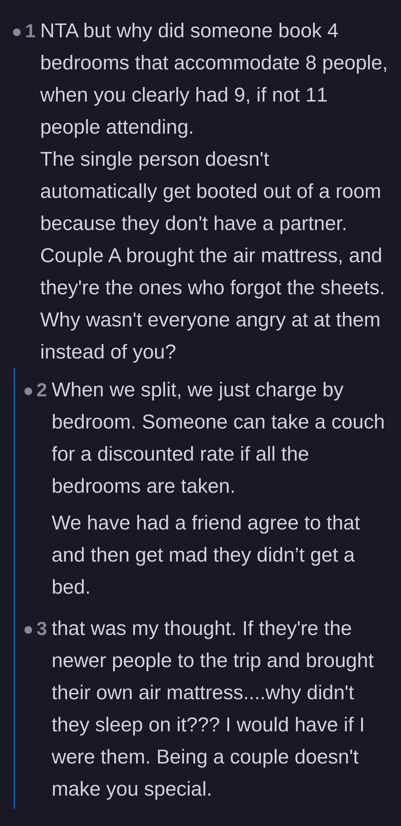 Comment thread 2 - Pointing out the disastrous math of booking four bedrooms for nine people and blaming the couple who forgot the sheets.