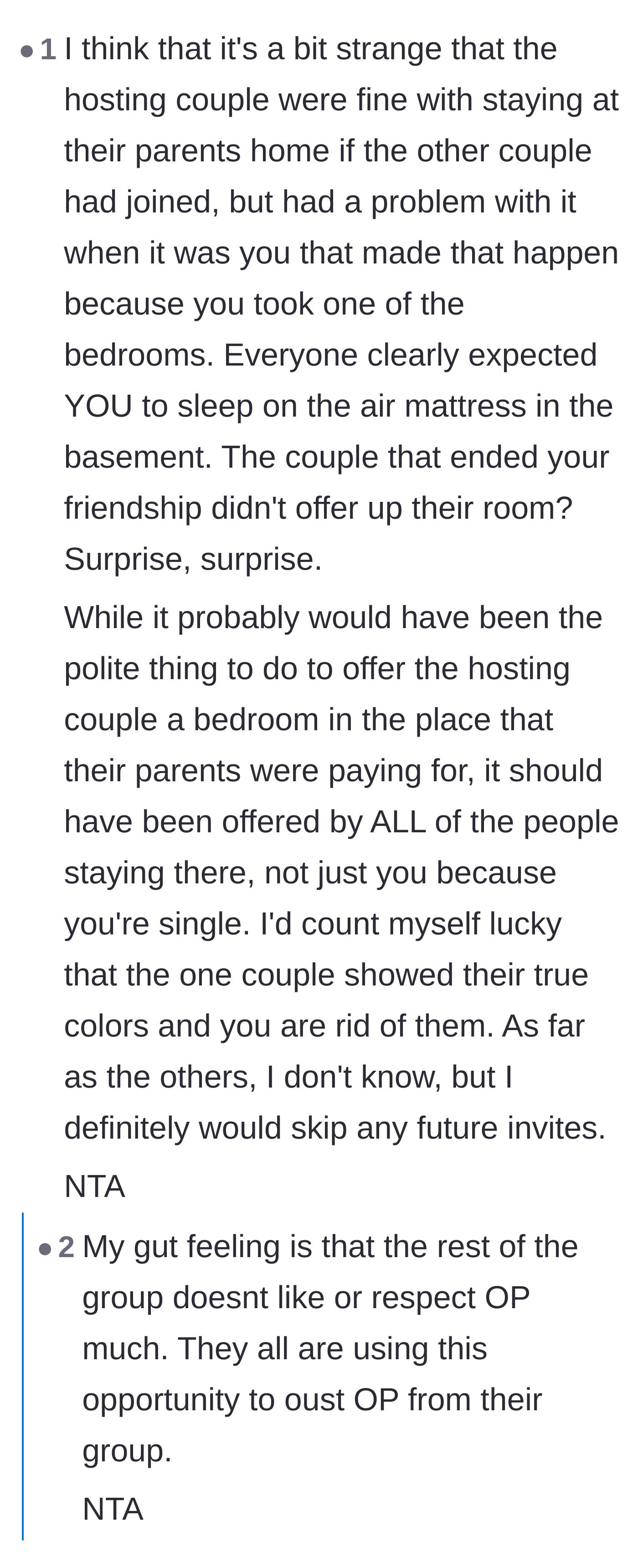 Comment thread 4 - Highlighting the hosts' hypocrisy about staying at their parents' house and the cowardice of the other couples.