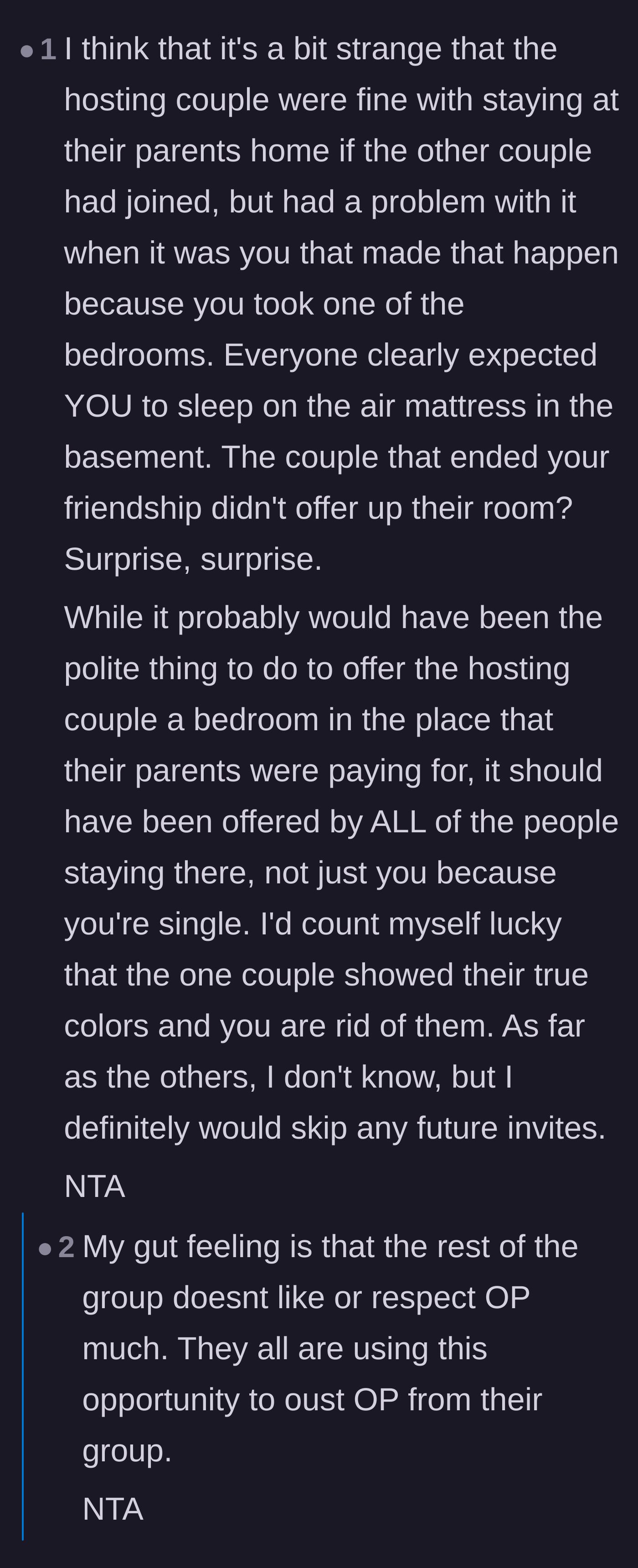 Comment thread 4 - Highlighting the hosts' hypocrisy about staying at their parents' house and the cowardice of the other couples.