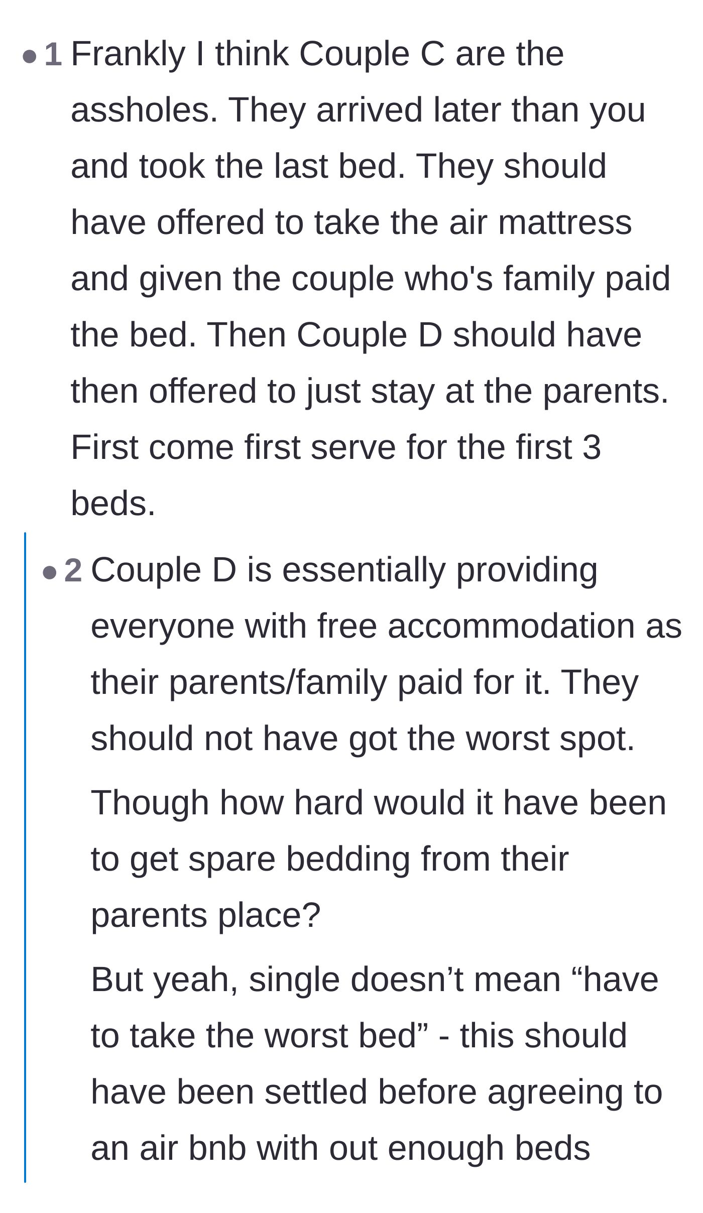 Comment thread 5 - A heated debate over whether the late-arriving couple or the single friend should have taken the floor.