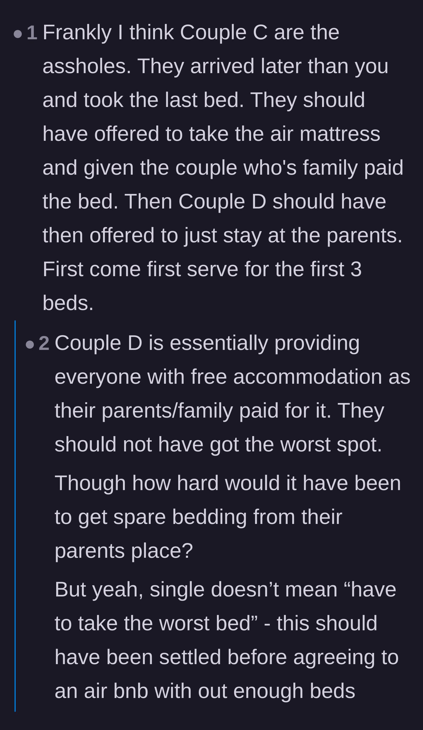 Comment thread 5 - A heated debate over whether the late-arriving couple or the single friend should have taken the floor.