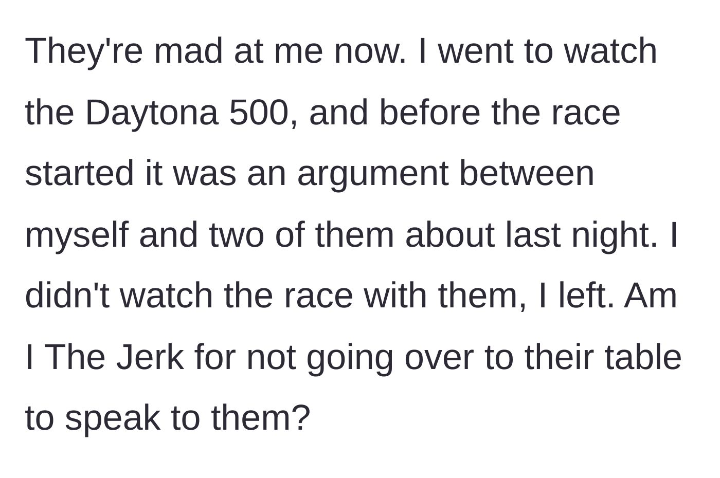Story part 5 - The main character leaving a NASCAR watch party the next day after his friends try to start an argument about the restaurant incident.