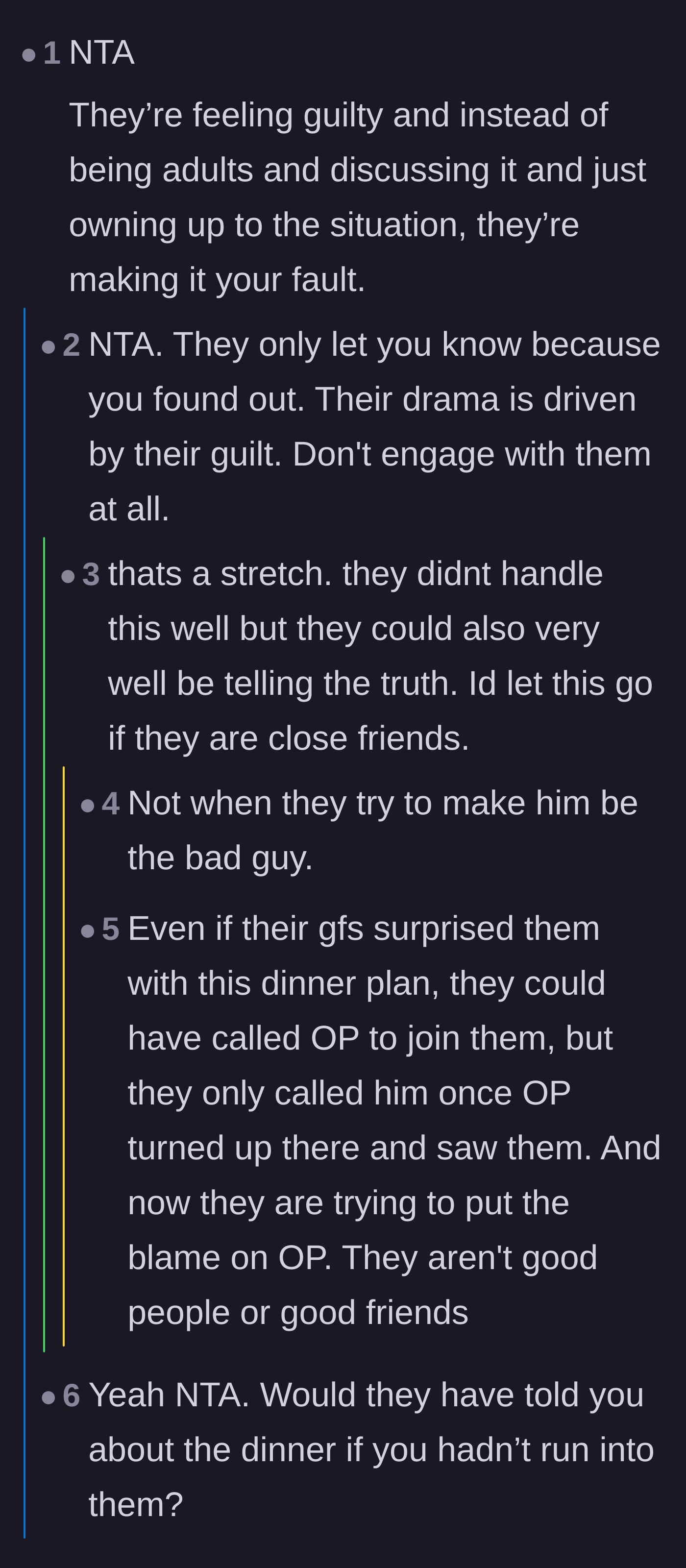 Comment thread 1 - A debate about the friends projecting their guilt onto the main character to make him the bad guy.
