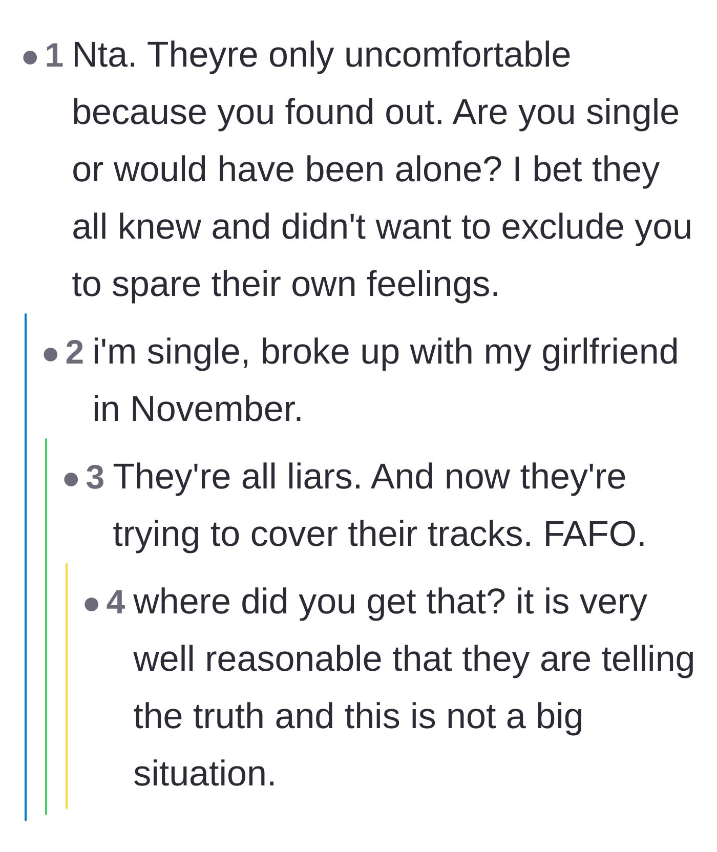 Comment thread 3 - The main character confirms his recent breakup while commenters accuse the friends of lying to cover their tracks.