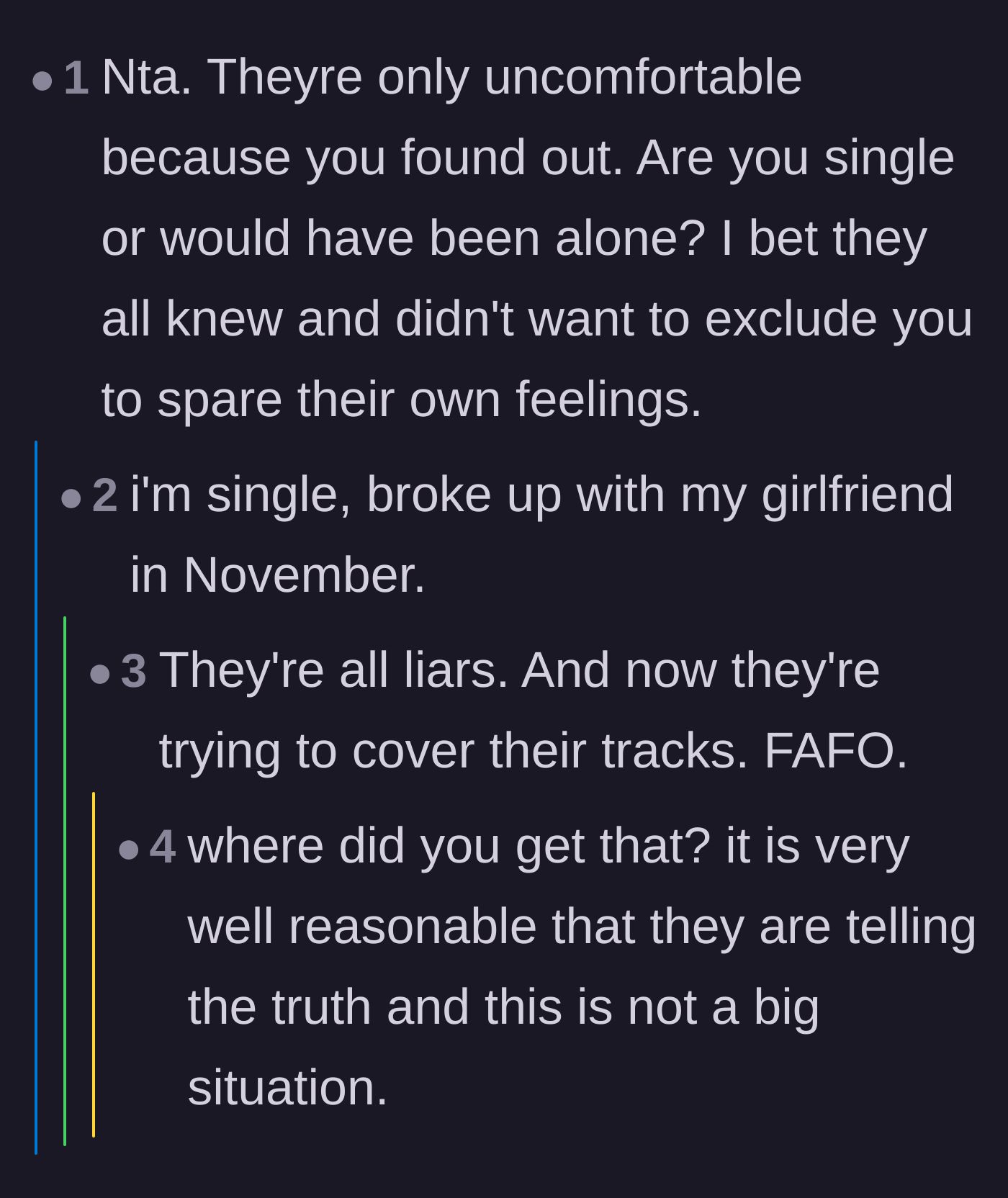 Comment thread 3 - The main character confirms his recent breakup while commenters accuse the friends of lying to cover their tracks.