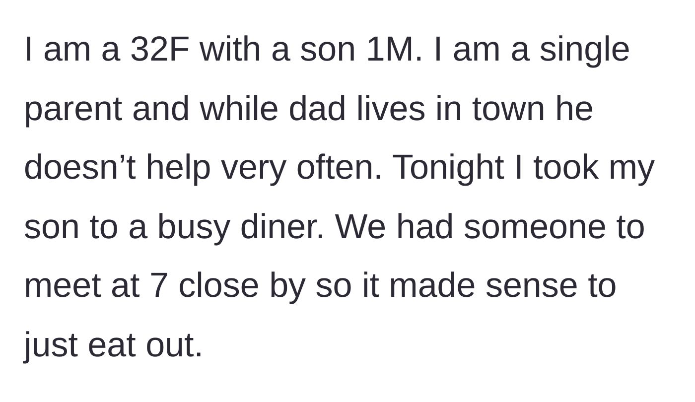 Story part 1 - A single mother takes her one-year-old son to a busy diner before a scheduled evening meeting.