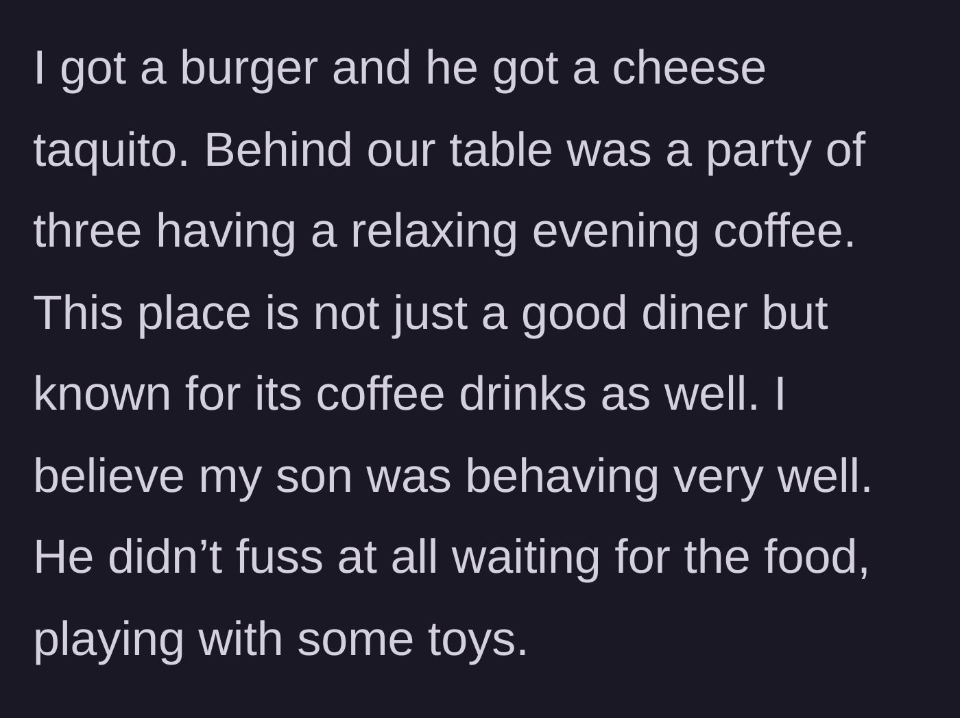 Story part 2 - The mother and son eat their food near a party of three having coffee, with the child behaving perfectly.