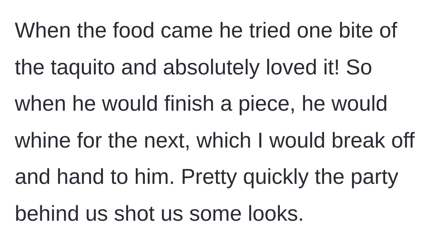 Story part 3 - The child happily whines for more food when he finishes a bite, prompting glares from the nearby table.