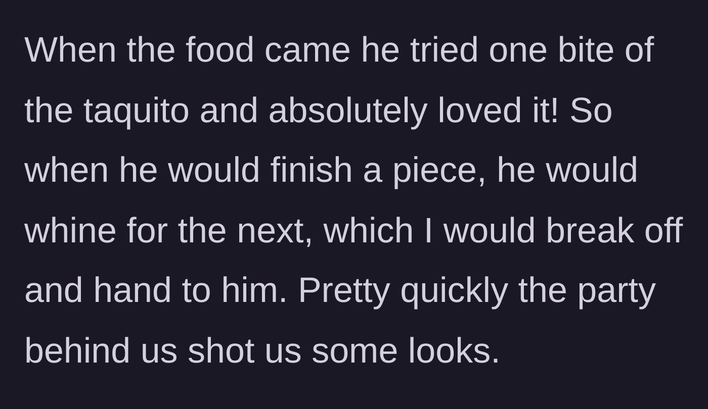 Story part 3 - The child happily whines for more food when he finishes a bite, prompting glares from the nearby table.