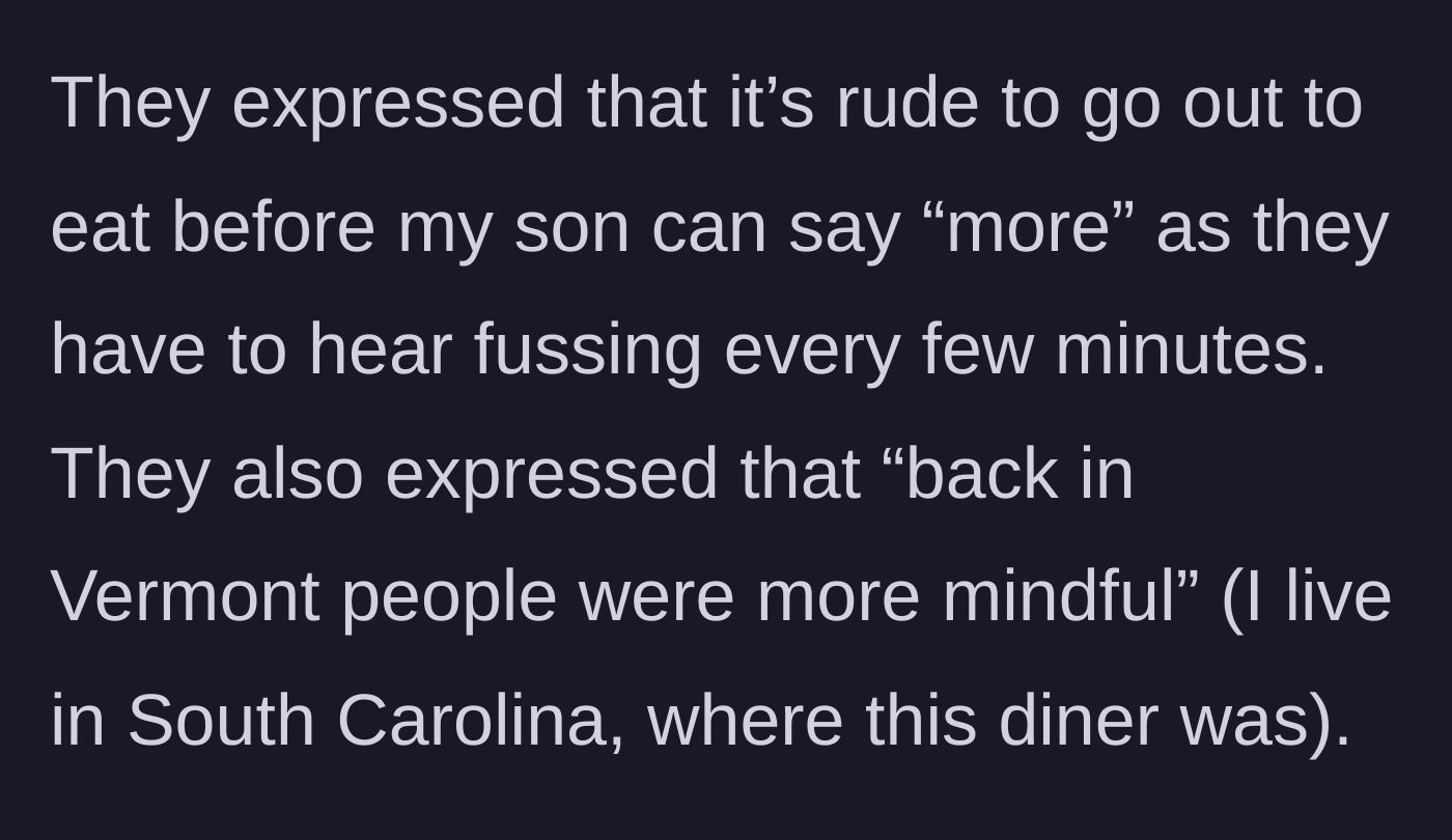 Story part 4 - The strangers confront the mother, claiming it's rude to bring out a child who can't speak words yet, citing regional manners.