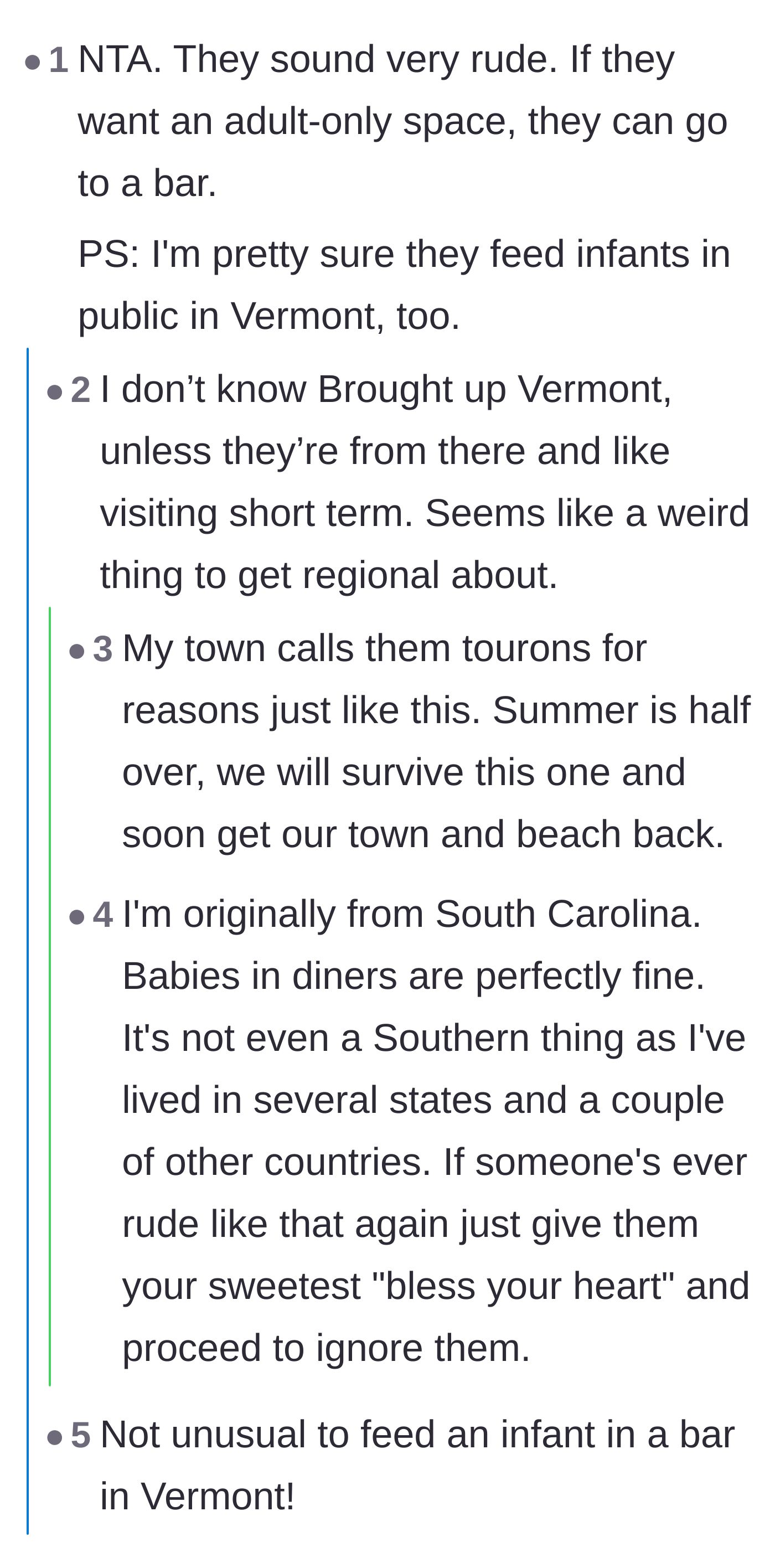 Comment thread 1 - Readers mocking the strangers' regional elitism and confirming that babies are welcome in diners worldwide.