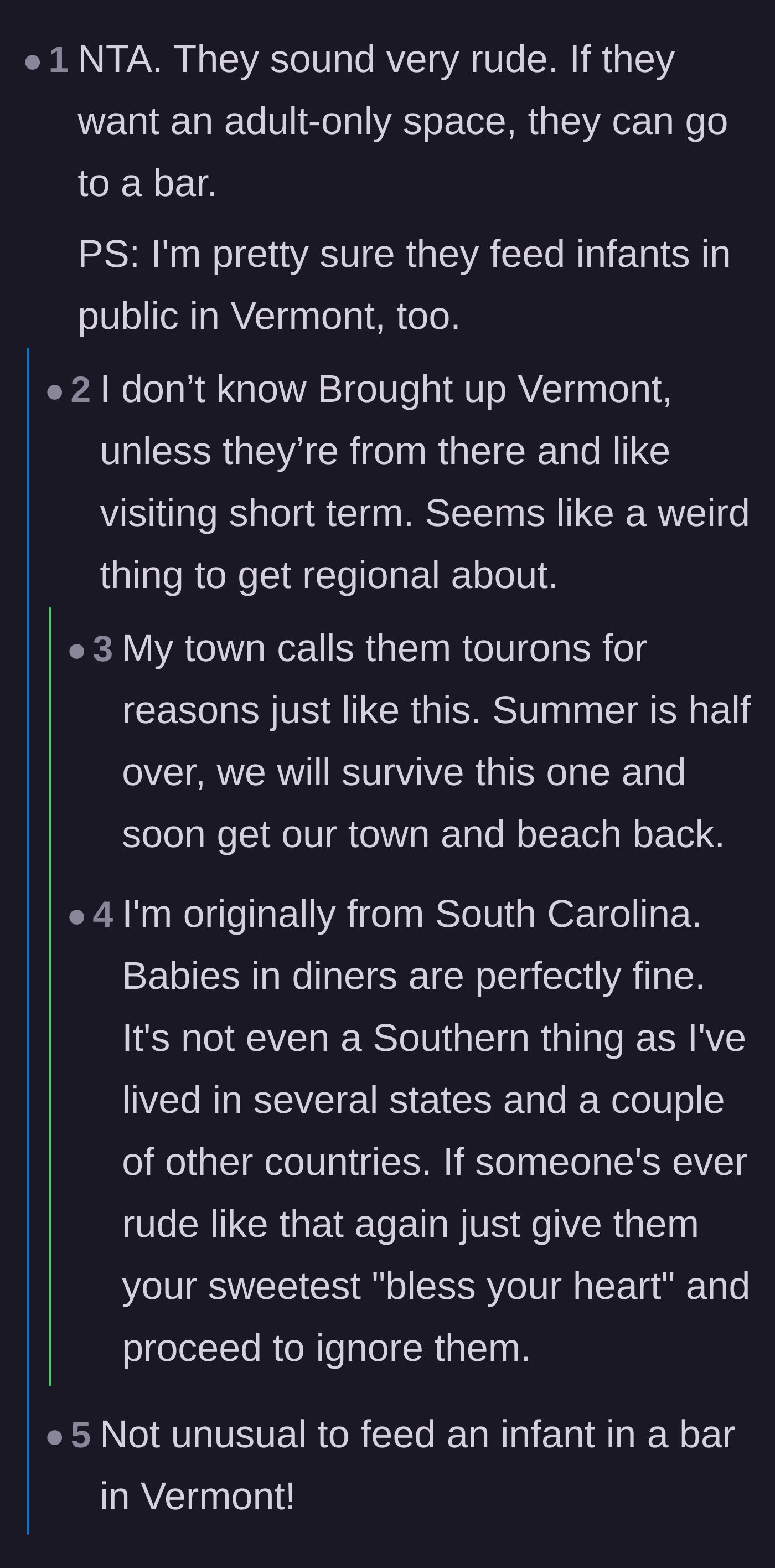 Comment thread 1 - Readers mocking the strangers' regional elitism and confirming that babies are welcome in diners worldwide.