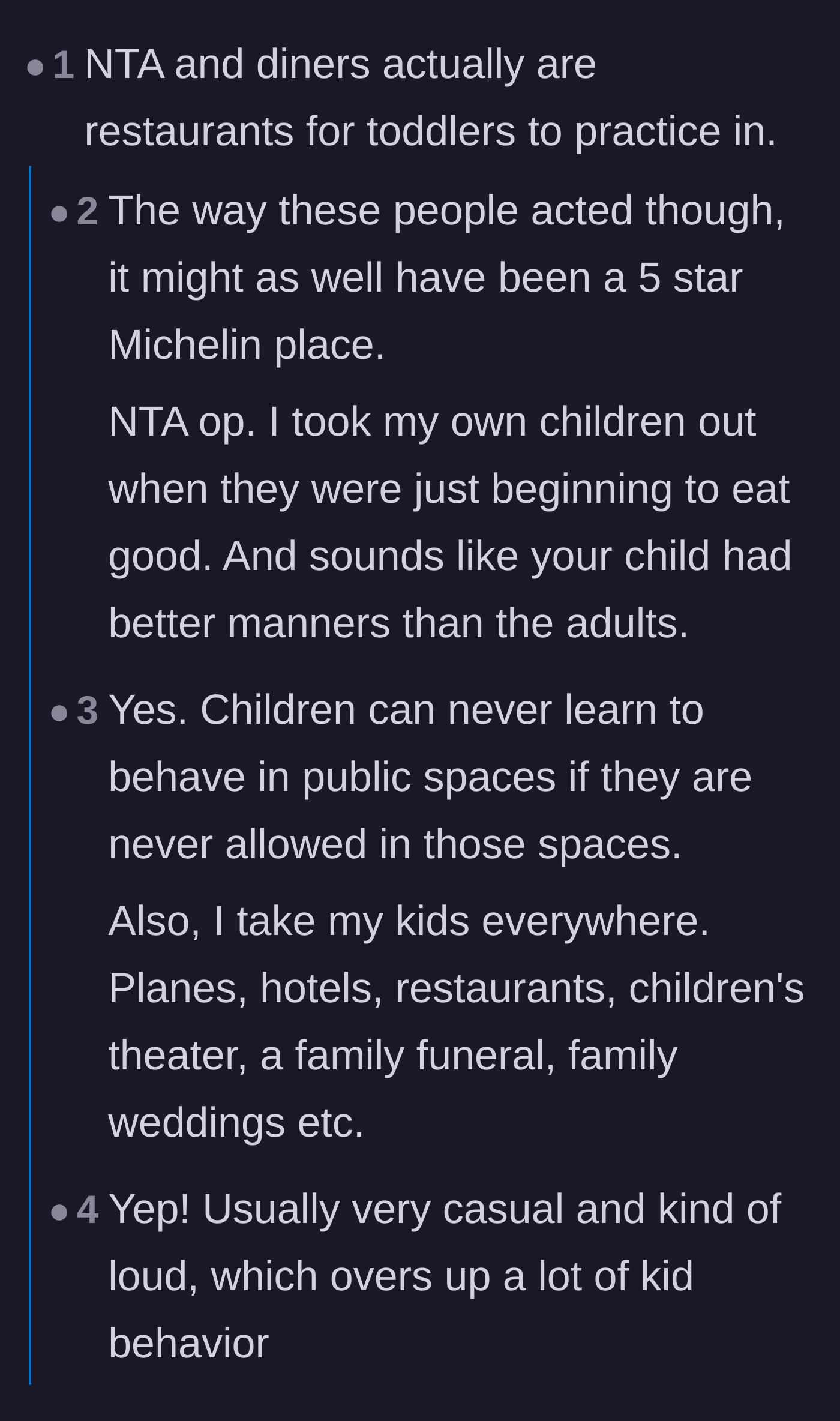 Comment thread 2 - A discussion on how casual diners are the exact places children learn public behavior.