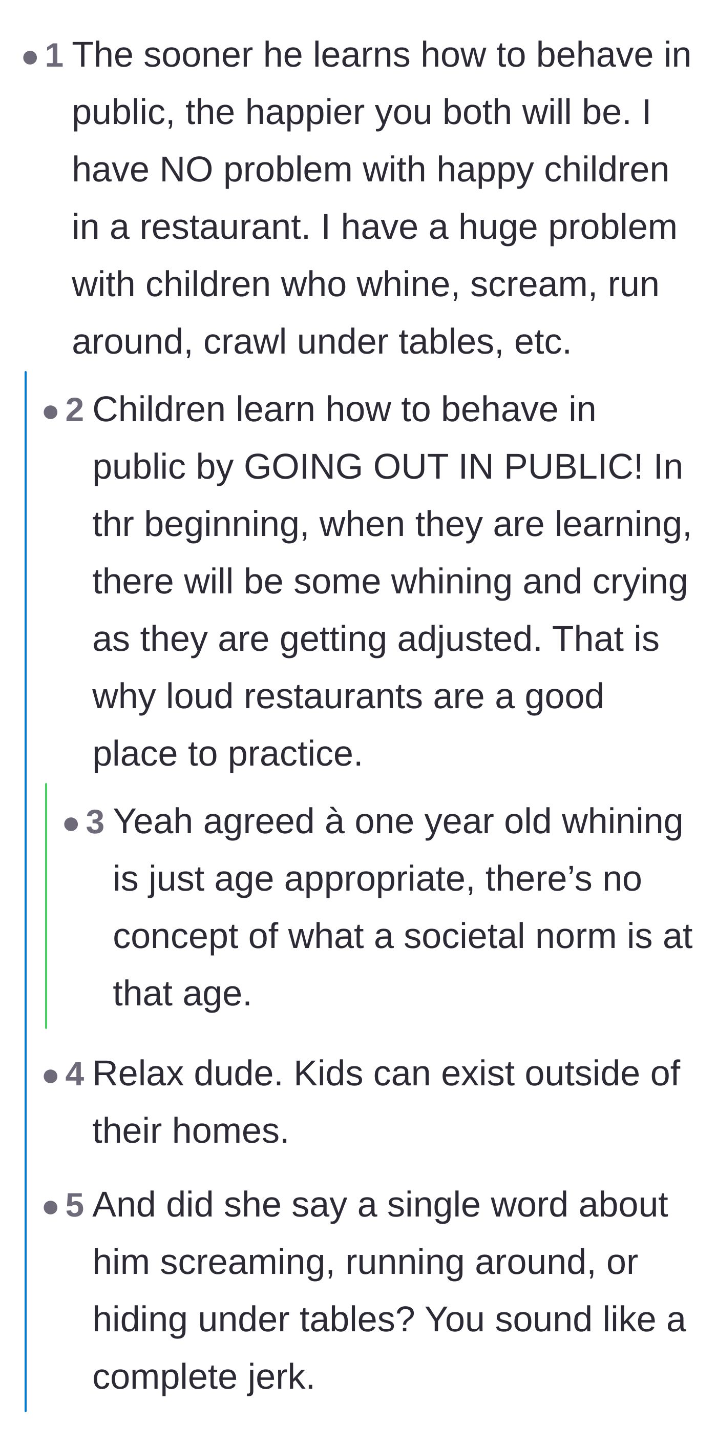 Comment thread 5 - A debate separating age-appropriate baby noises from actual disruptive behavior like running around.