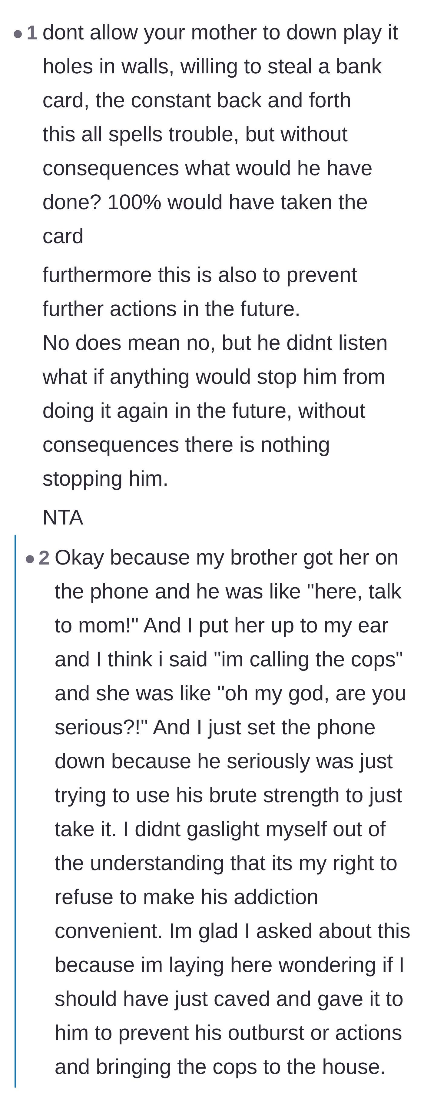 Comment thread 2 - Advice on ignoring the mother's guilt trips and enforcing consequences.