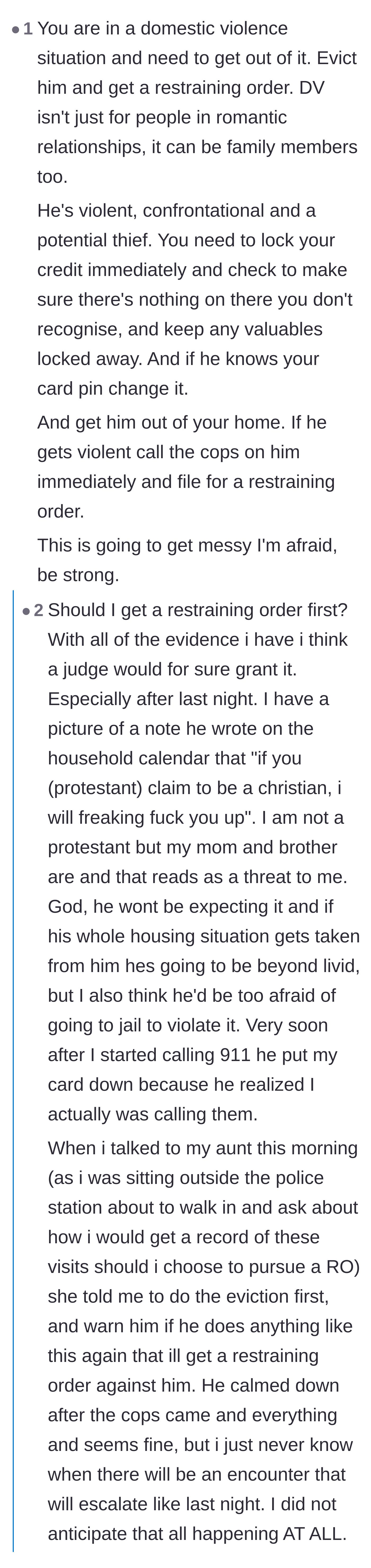 Comment thread 4 - Debate on whether to get a restraining order before an eviction on their shared birthday.