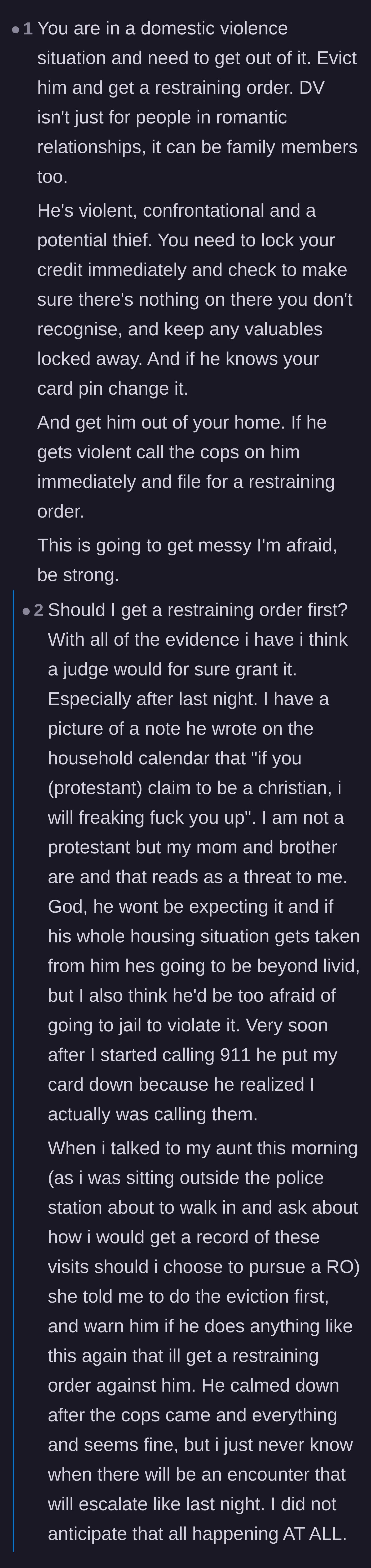 Comment thread 4 - Debate on whether to get a restraining order before an eviction on their shared birthday.