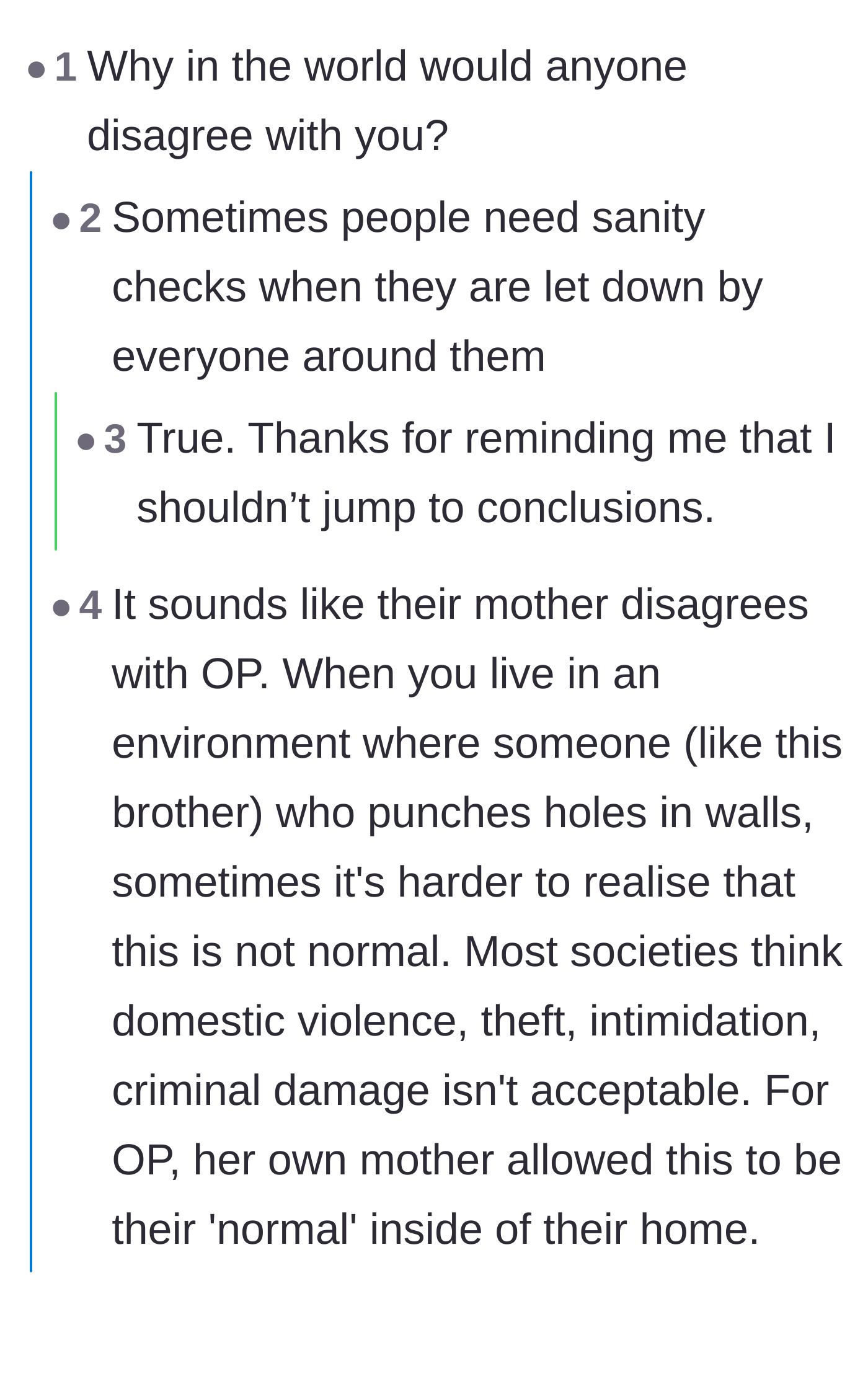 Comment thread 6 - Discussion on why victims need sanity checks, plus wild new details about the brother's bizarre habits.