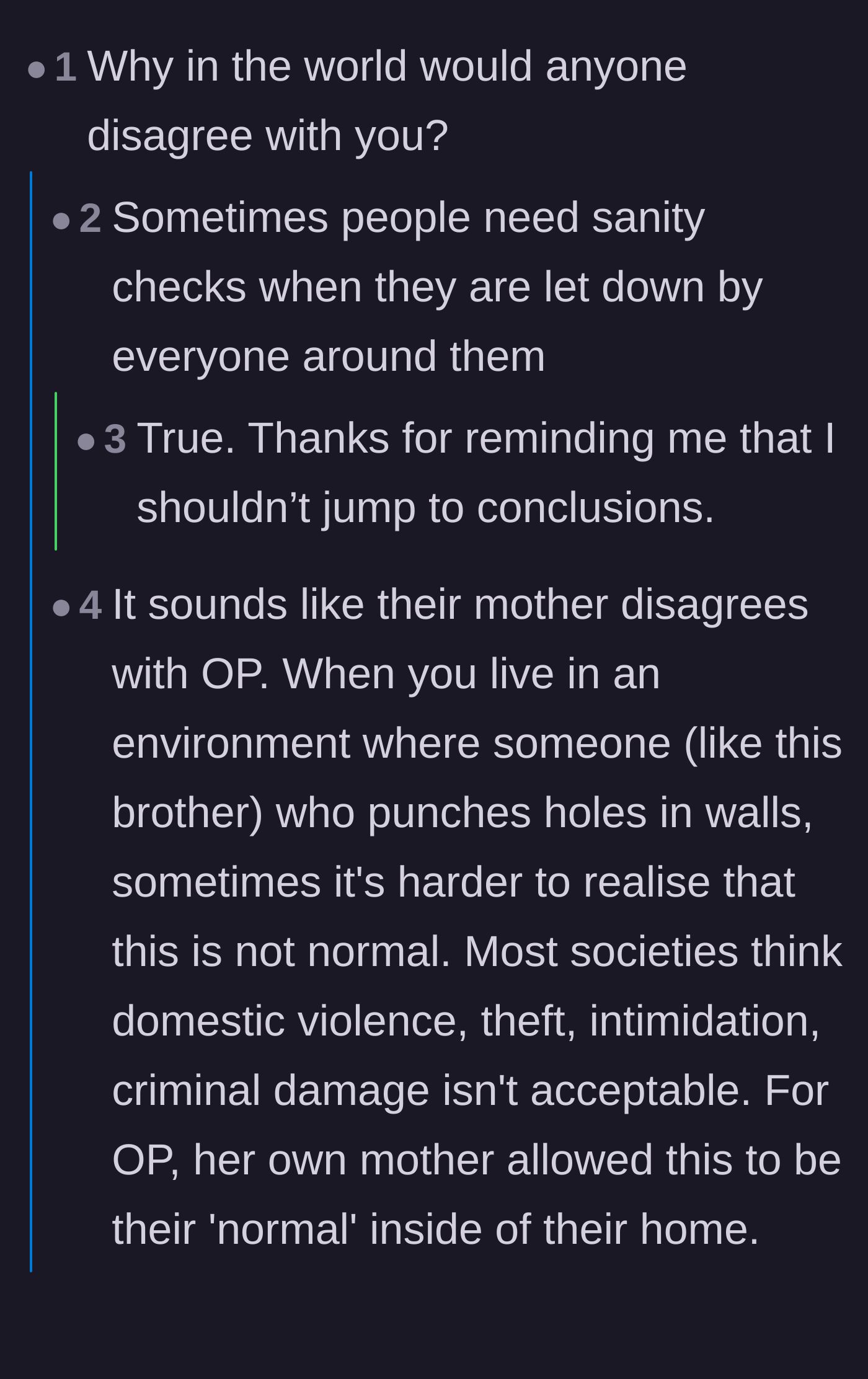 Comment thread 6 - Discussion on why victims need sanity checks, plus wild new details about the brother's bizarre habits.