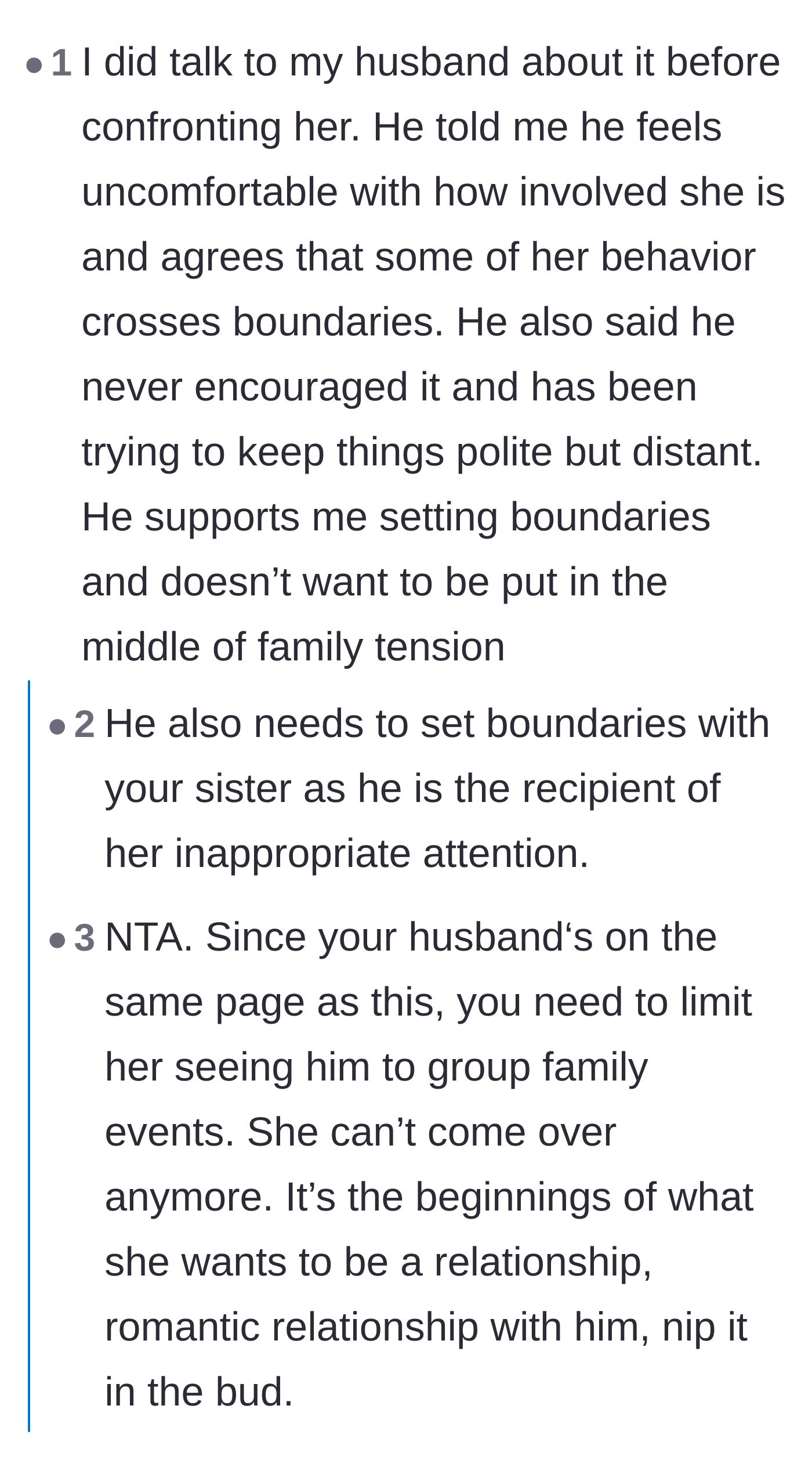 Comment thread 1 - Debating whether the husband or the wife should be the one to confront the sister.