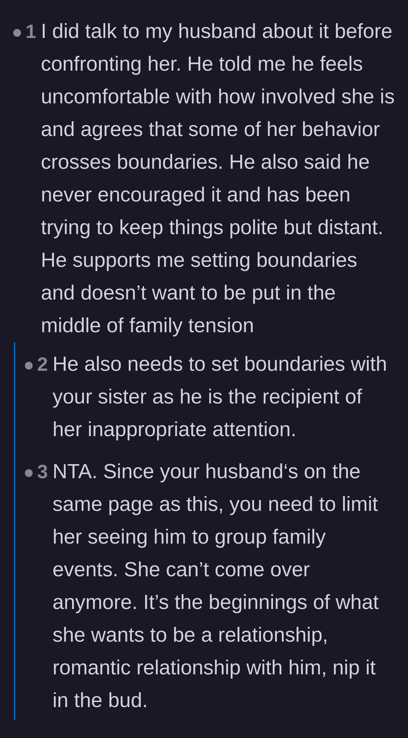 Comment thread 1 - Debating whether the husband or the wife should be the one to confront the sister.