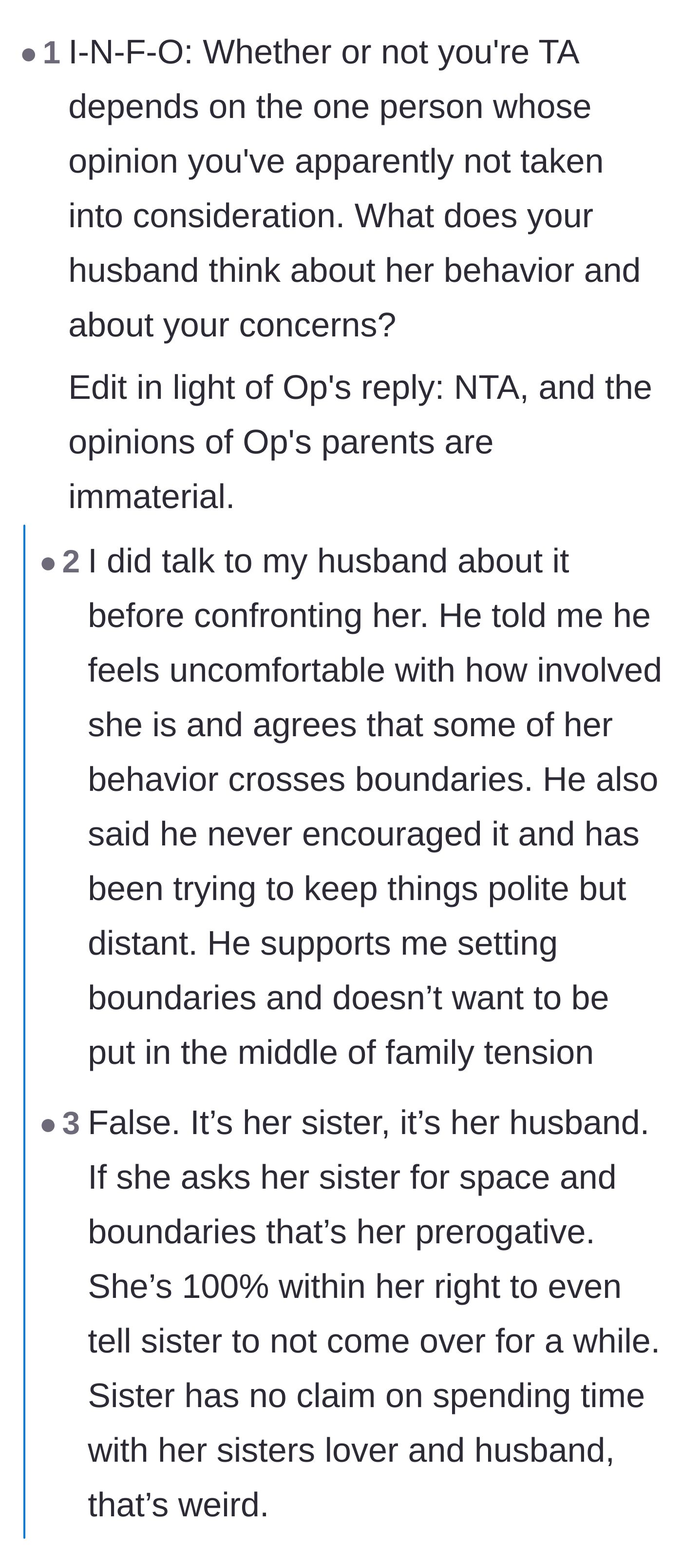 Comment thread 2 - Discussing how the husband's discomfort validates the wife's right to set strict boundaries.