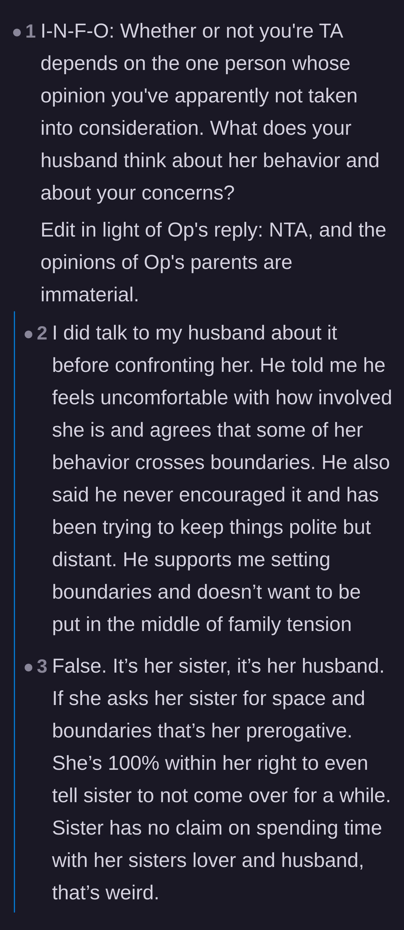 Comment thread 2 - Discussing how the husband's discomfort validates the wife's right to set strict boundaries.