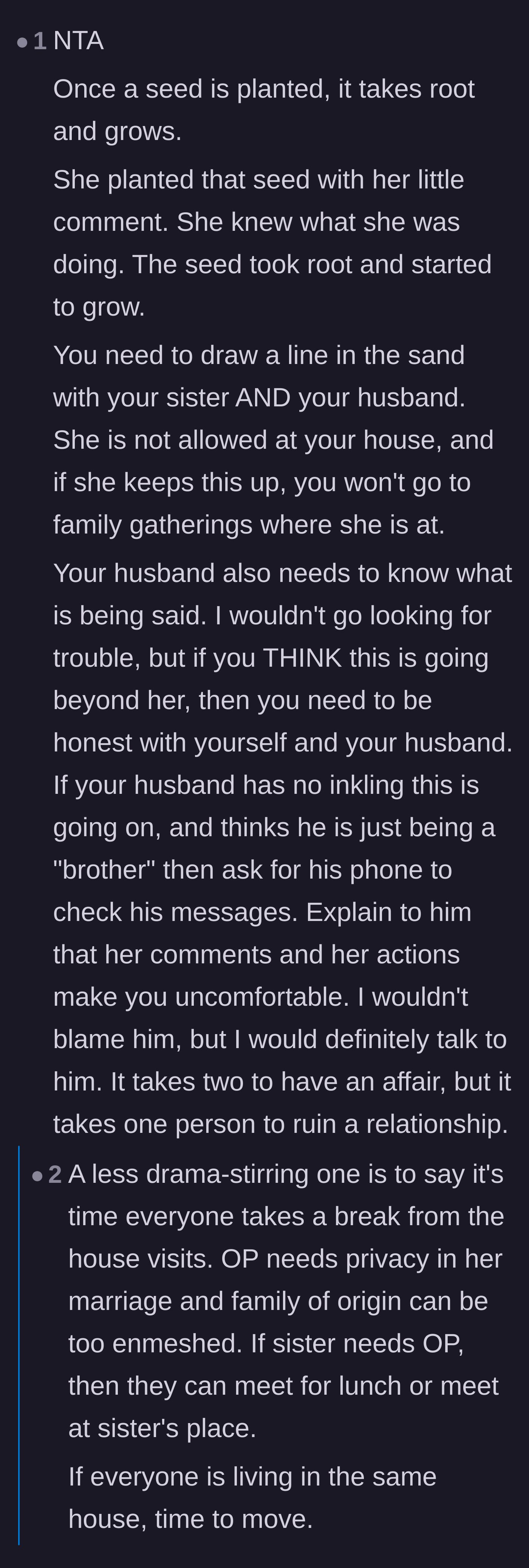 Comment thread 4 - Advice on establishing a zero-tolerance policy for house visits to protect the marriage's privacy.