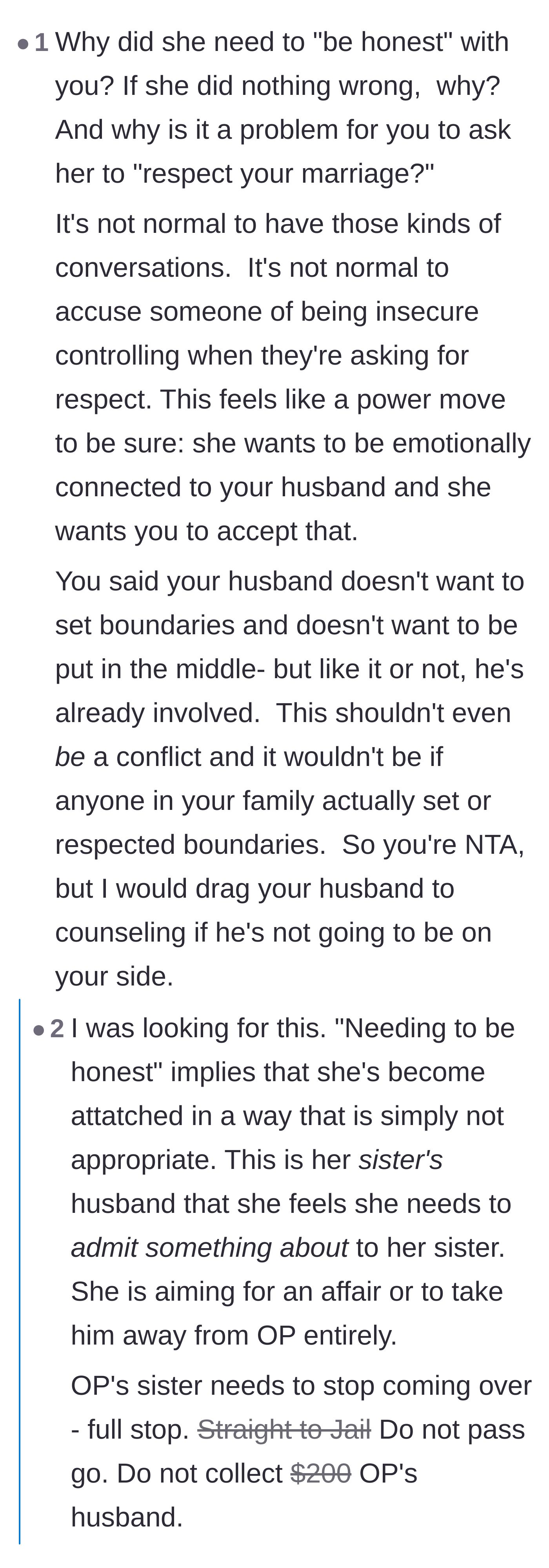 Comment thread 5 - Analyzing the sister's confession as a manipulative power move to normalize her inappropriate attachment.