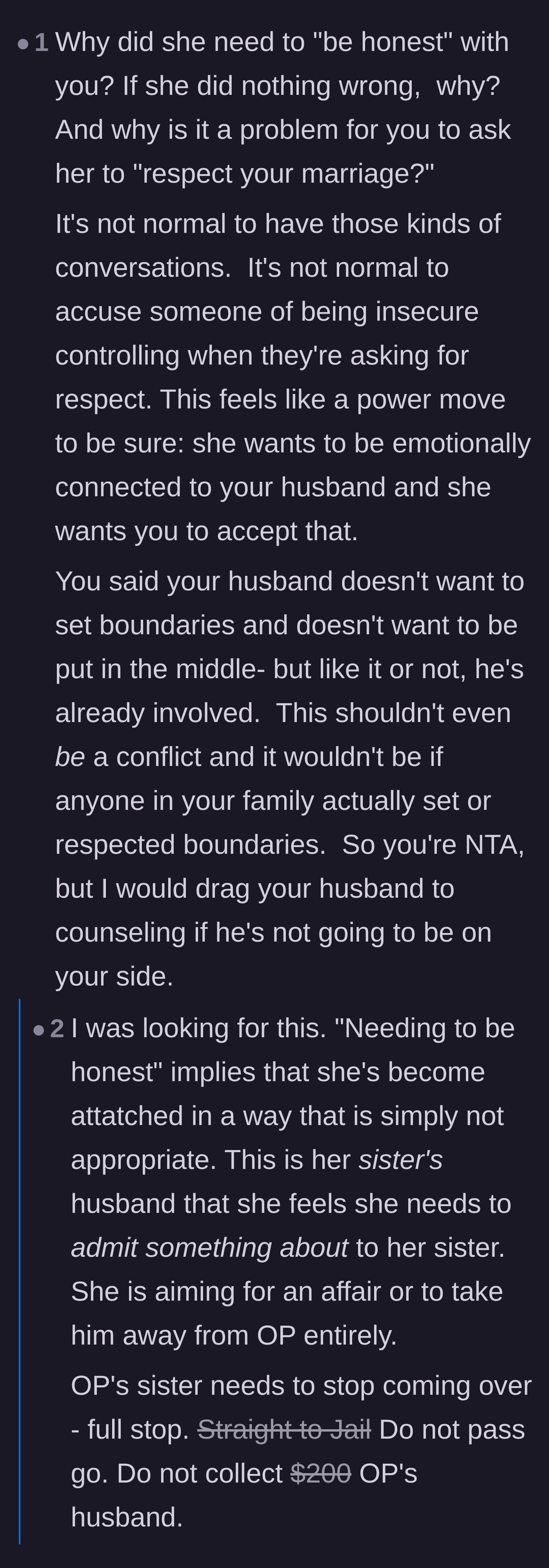Comment thread 5 - Analyzing the sister's confession as a manipulative power move to normalize her inappropriate attachment.