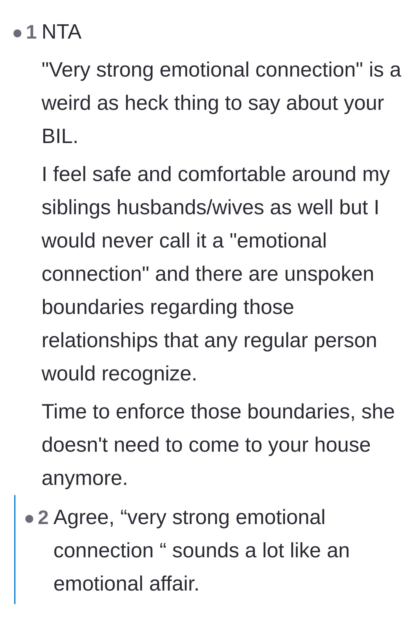 Comment thread 6 - Contrasting normal familial love with the deeply weird claim of having a strong emotional connection to a brother-in-law.