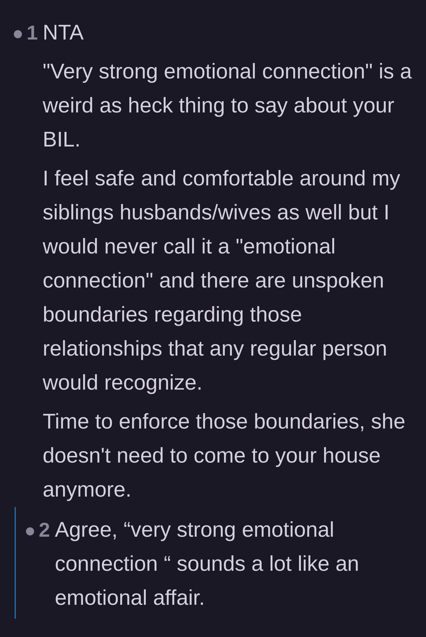 Comment thread 6 - Contrasting normal familial love with the deeply weird claim of having a strong emotional connection to a brother-in-law.