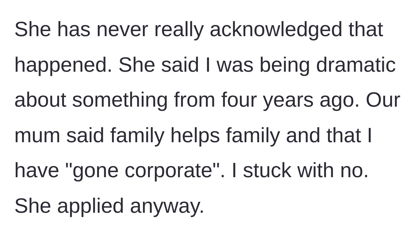Story part 3 - The mother guilt-trips the older sister for going corporate, while the younger sister applies for the job anyway.