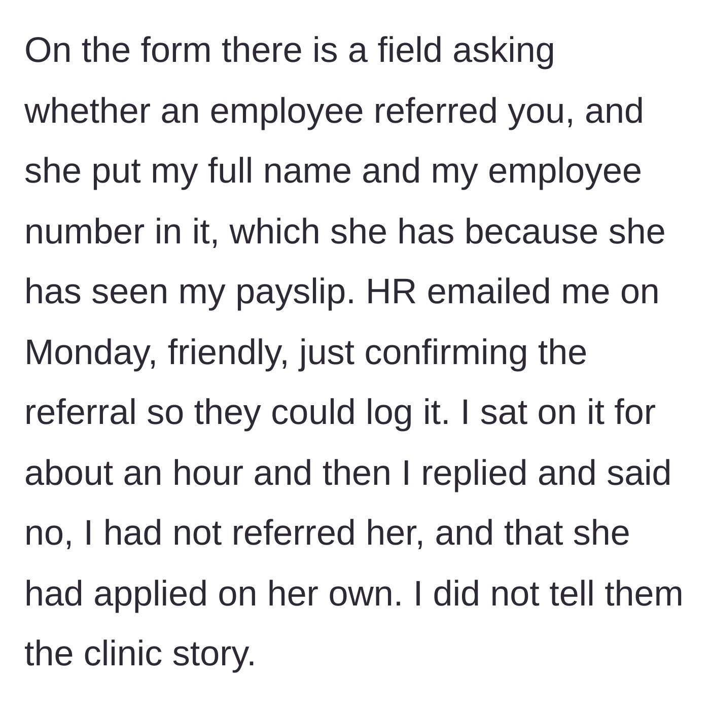 Story part 4 - The younger sister secretly uses the older sister's employee number on the application, prompting HR to email the older sister for verification.