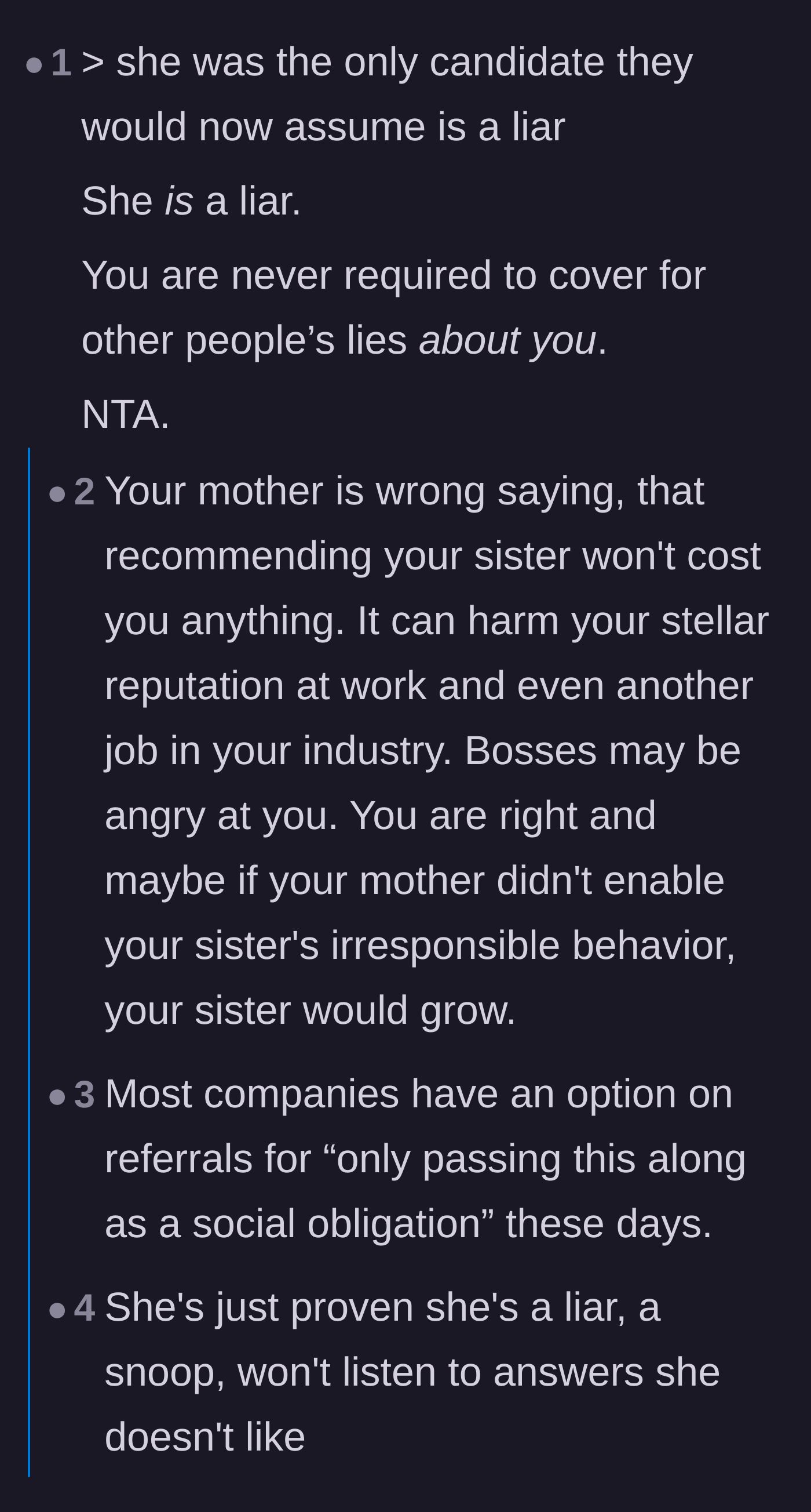 Comment thread 1 - Debate about how the sister is actually a liar and how referrals put the employee's credibility on the line.