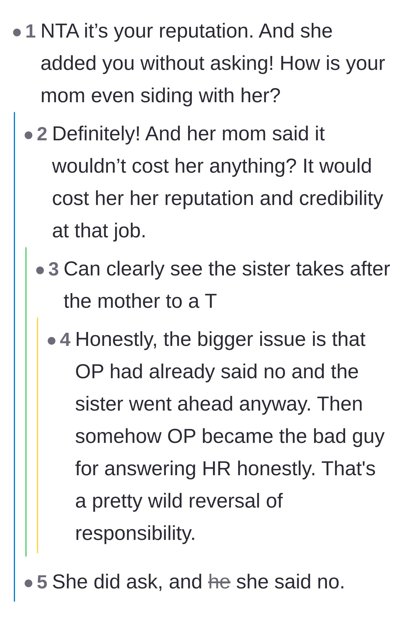 Comment thread 2 - Discussion about the mother taking the sister's side despite the sister ignoring a direct no.