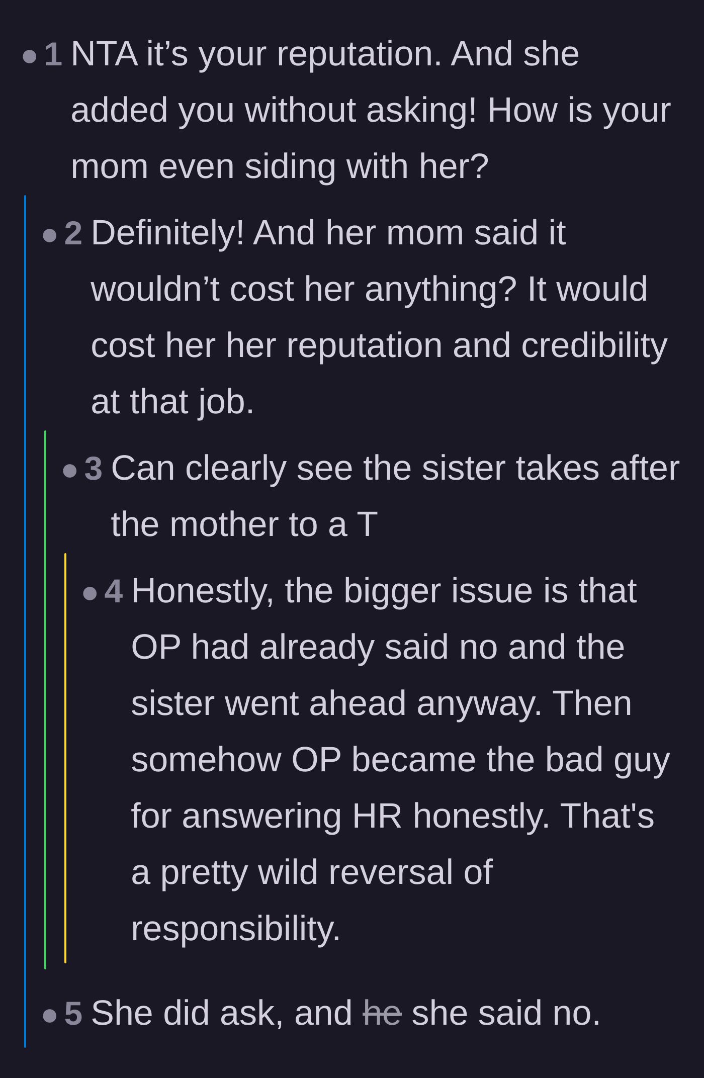 Comment thread 2 - Discussion about the mother taking the sister's side despite the sister ignoring a direct no.