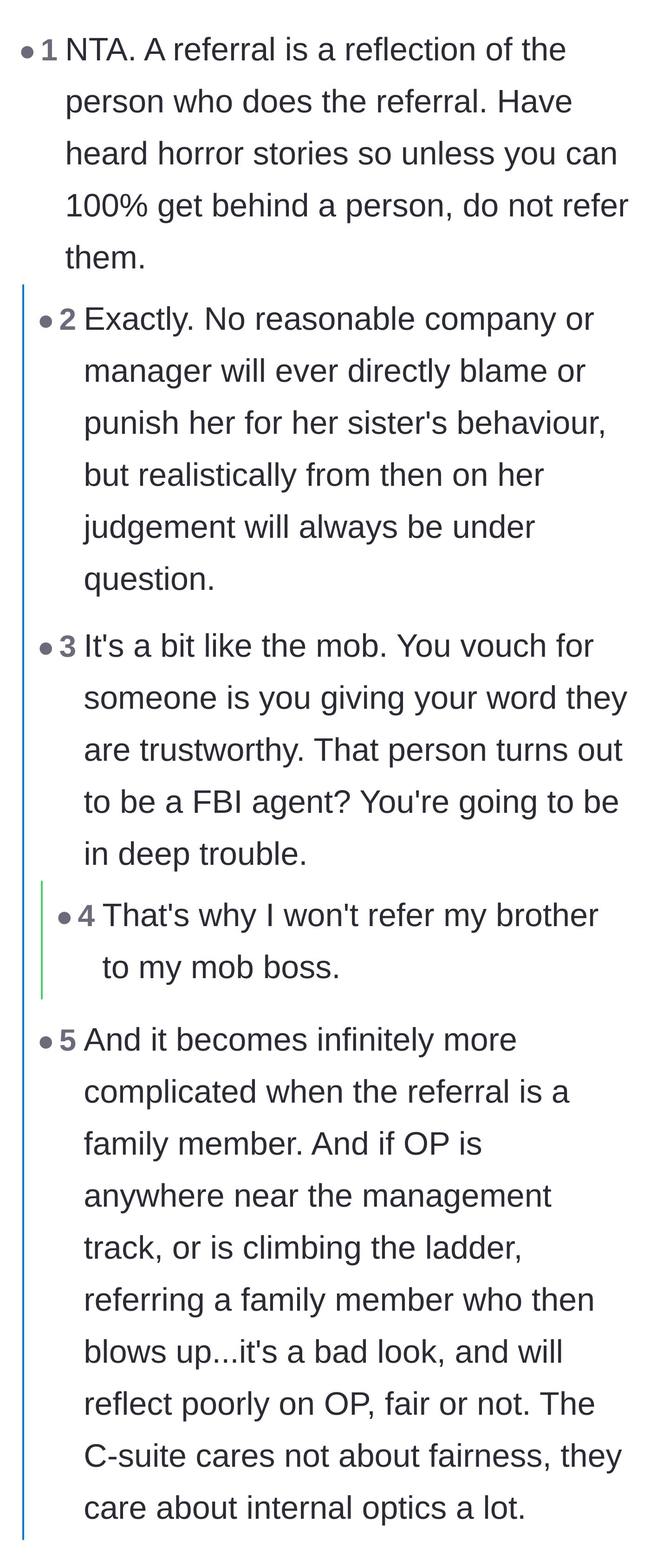 Comment thread 5 - A comparison between corporate job referrals and vouching for someone in the mob.