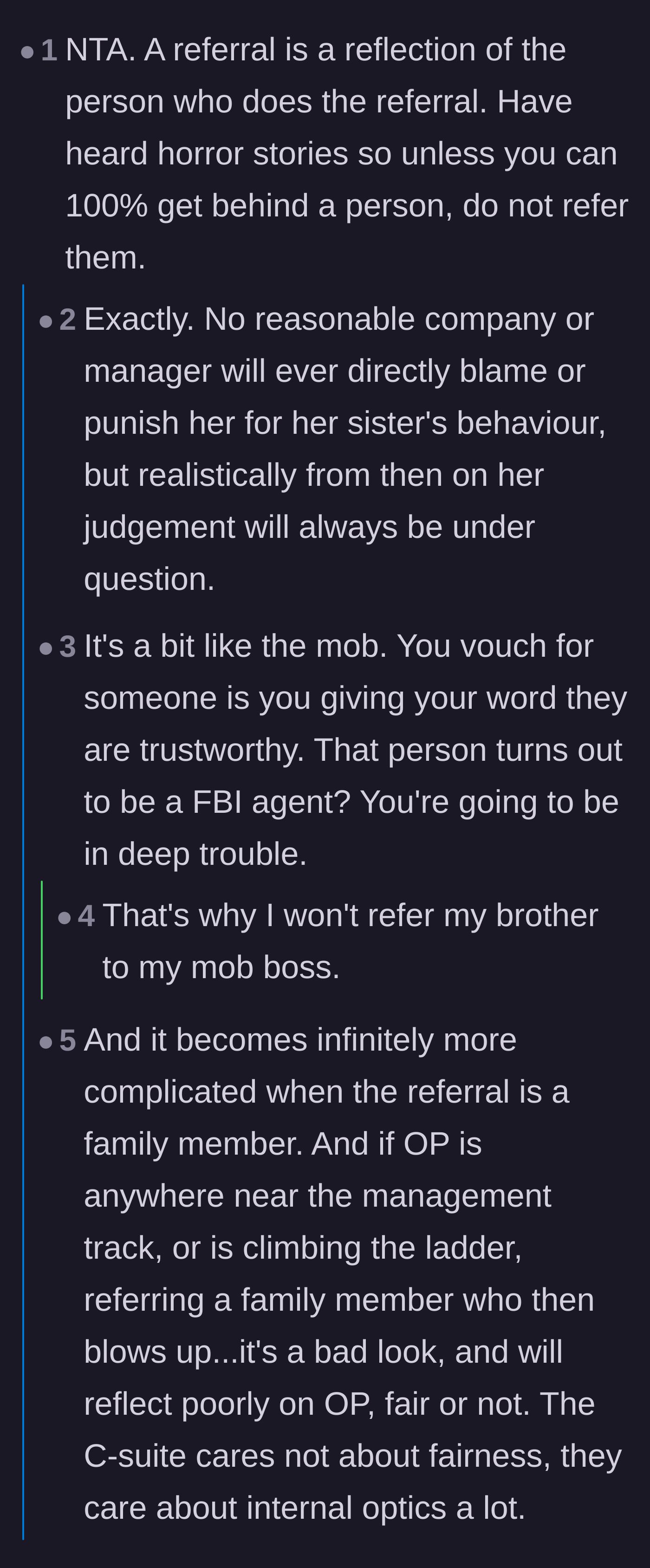 Comment thread 5 - A comparison between corporate job referrals and vouching for someone in the mob.