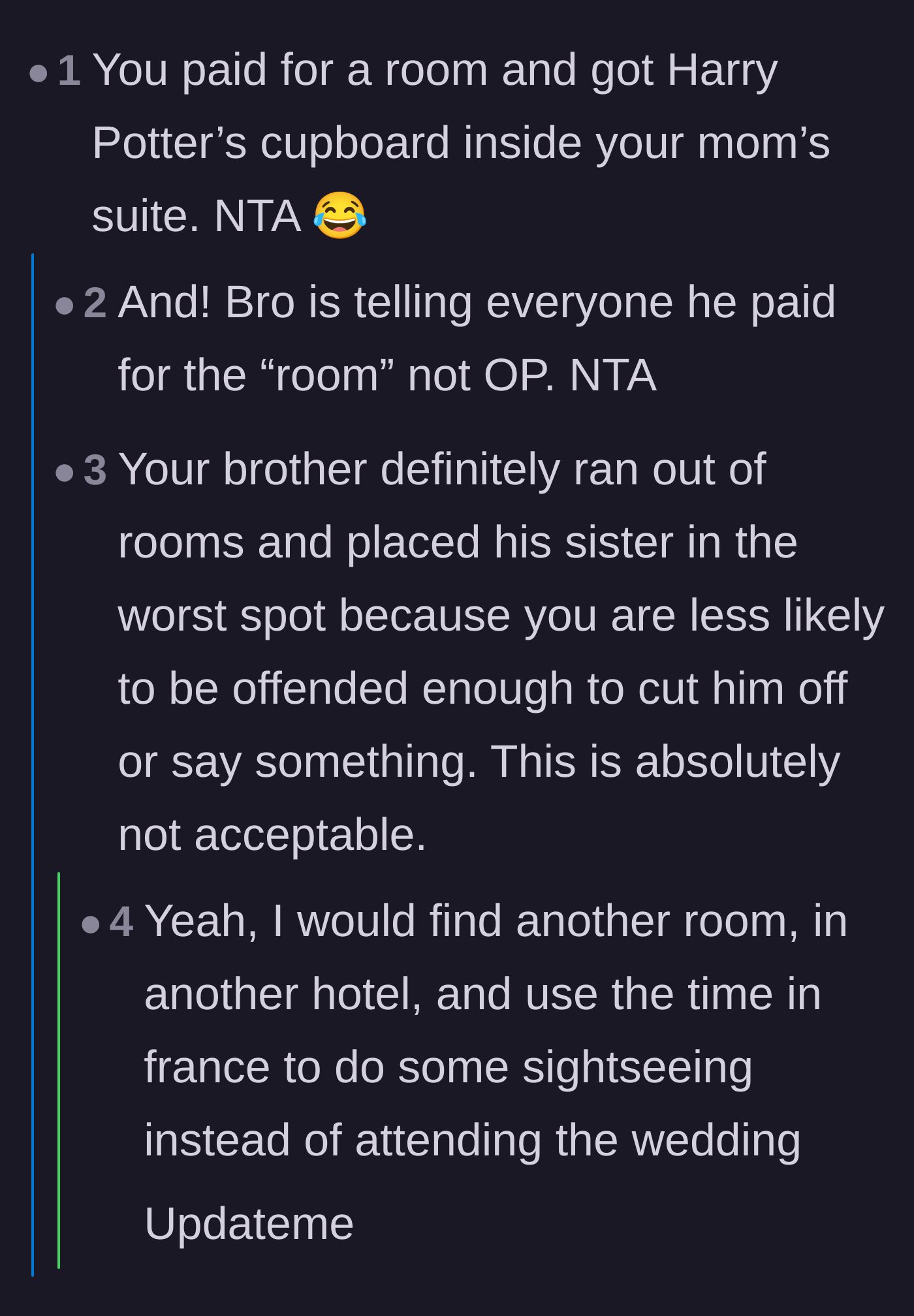 Comment thread 1 - Readers pointing out the brother chose his sister for the worst room because he assumed she wouldn't cause a scene