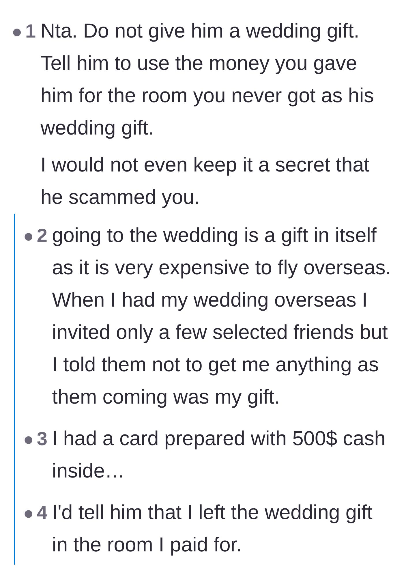 Comment thread 2 - Users advising the sister to cancel her $500 cash wedding gift and use it to book a real hotel room