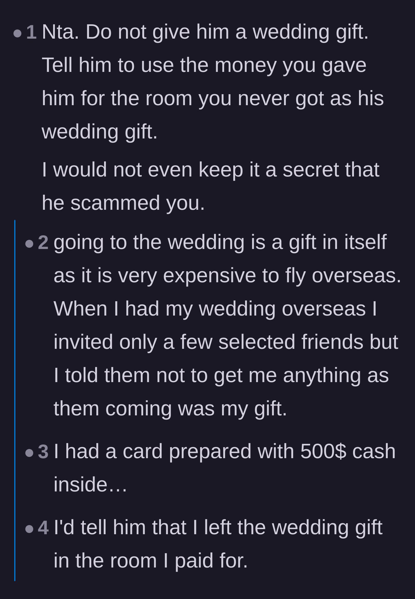 Comment thread 2 - Users advising the sister to cancel her $500 cash wedding gift and use it to book a real hotel room