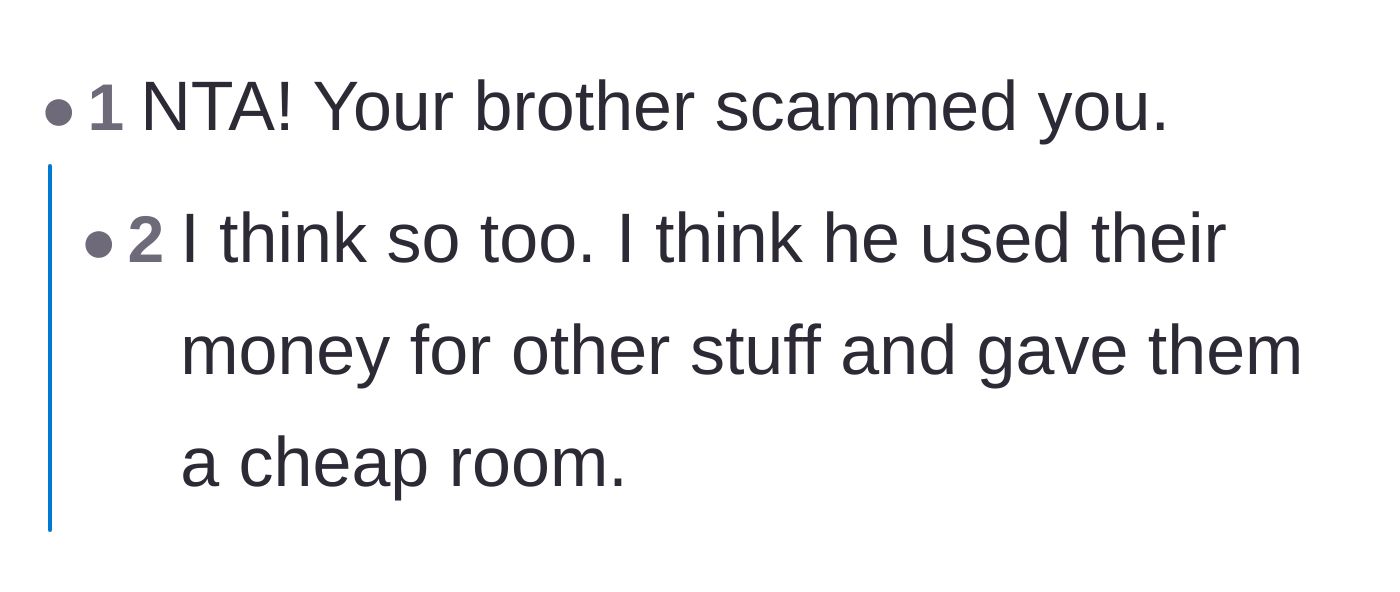 Comment thread 3 - Readers agreeing that the brother blatantly scammed his sister to fund the rest of his wedding