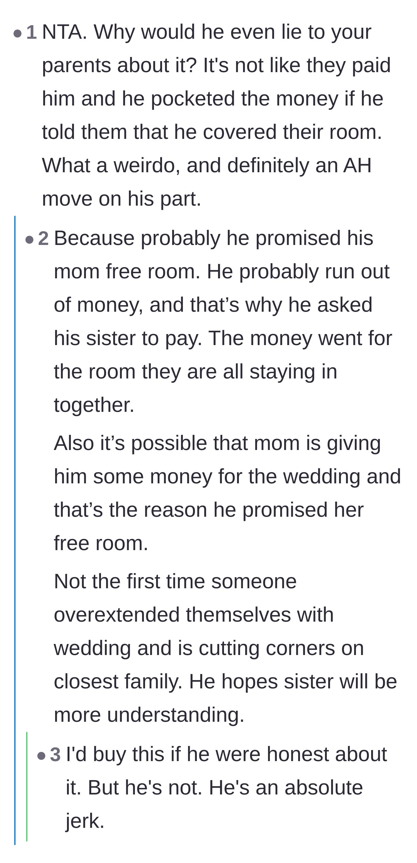 Comment thread 4 - Theorizing that the groom ran out of budget and secretly used his sister's payment to cover their mother's suite