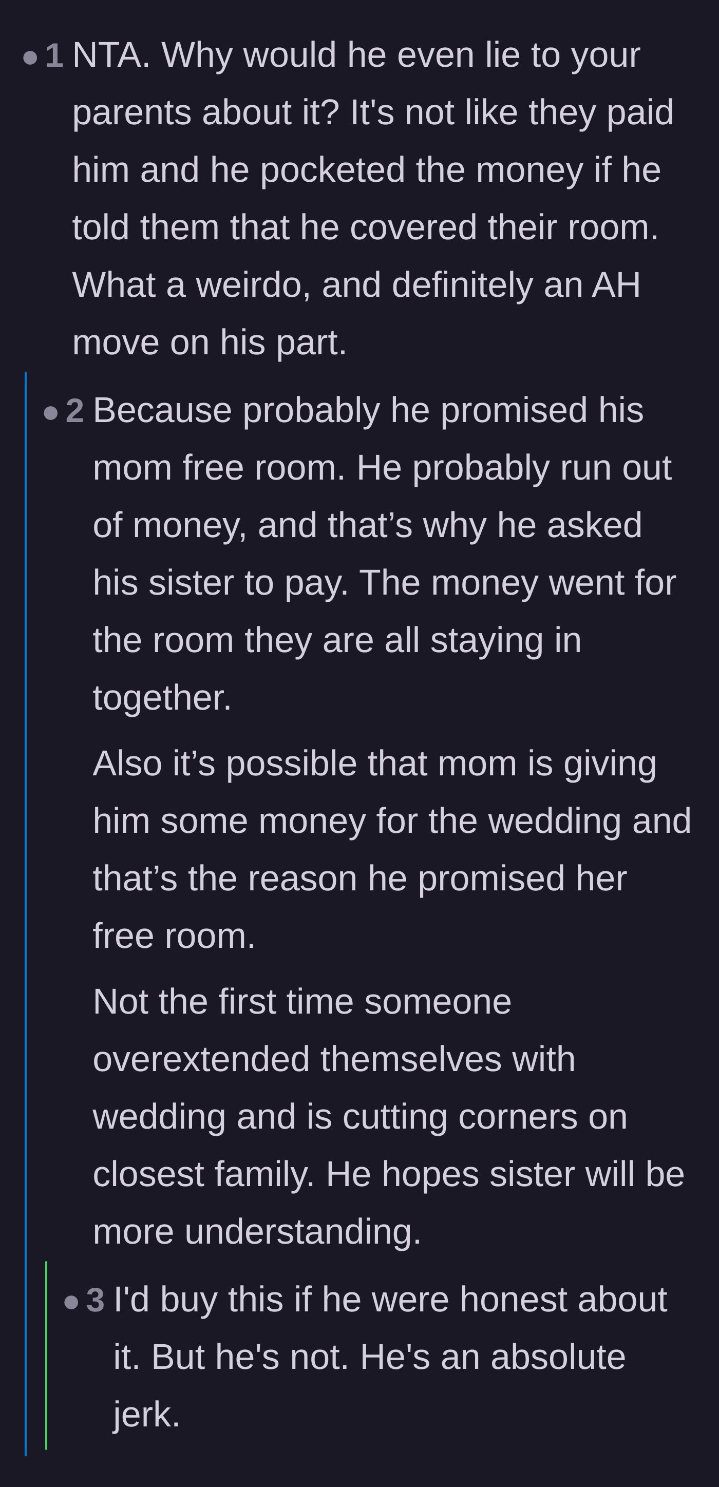 Comment thread 4 - Theorizing that the groom ran out of budget and secretly used his sister's payment to cover their mother's suite