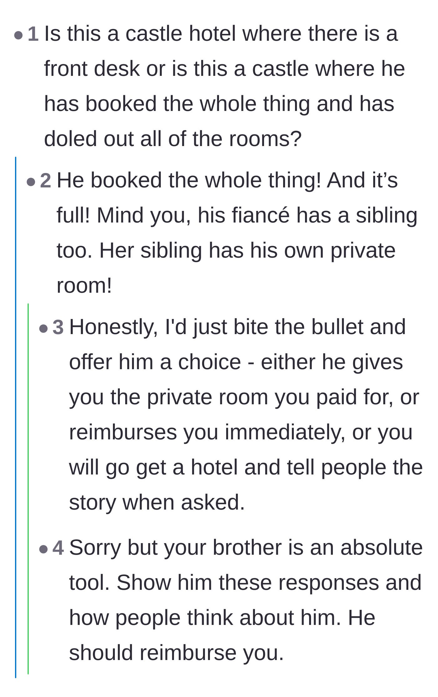 Comment thread 5 - The original poster revealing that the bride's sibling received a private room while she got a closet