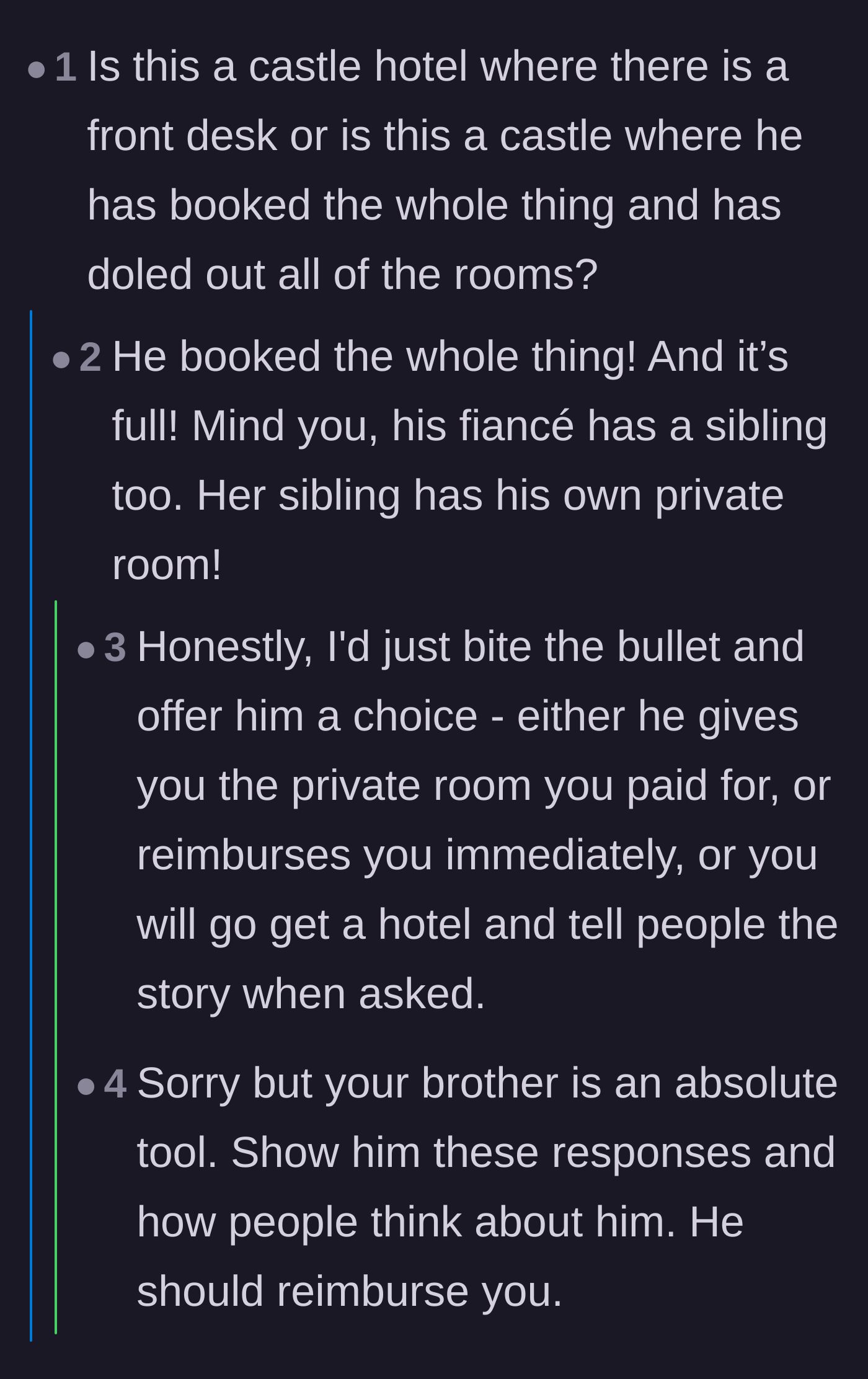 Comment thread 5 - The original poster revealing that the bride's sibling received a private room while she got a closet