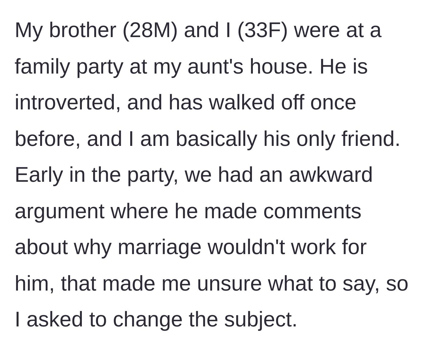 Story part 1 - The awkward family party argument about marriage.