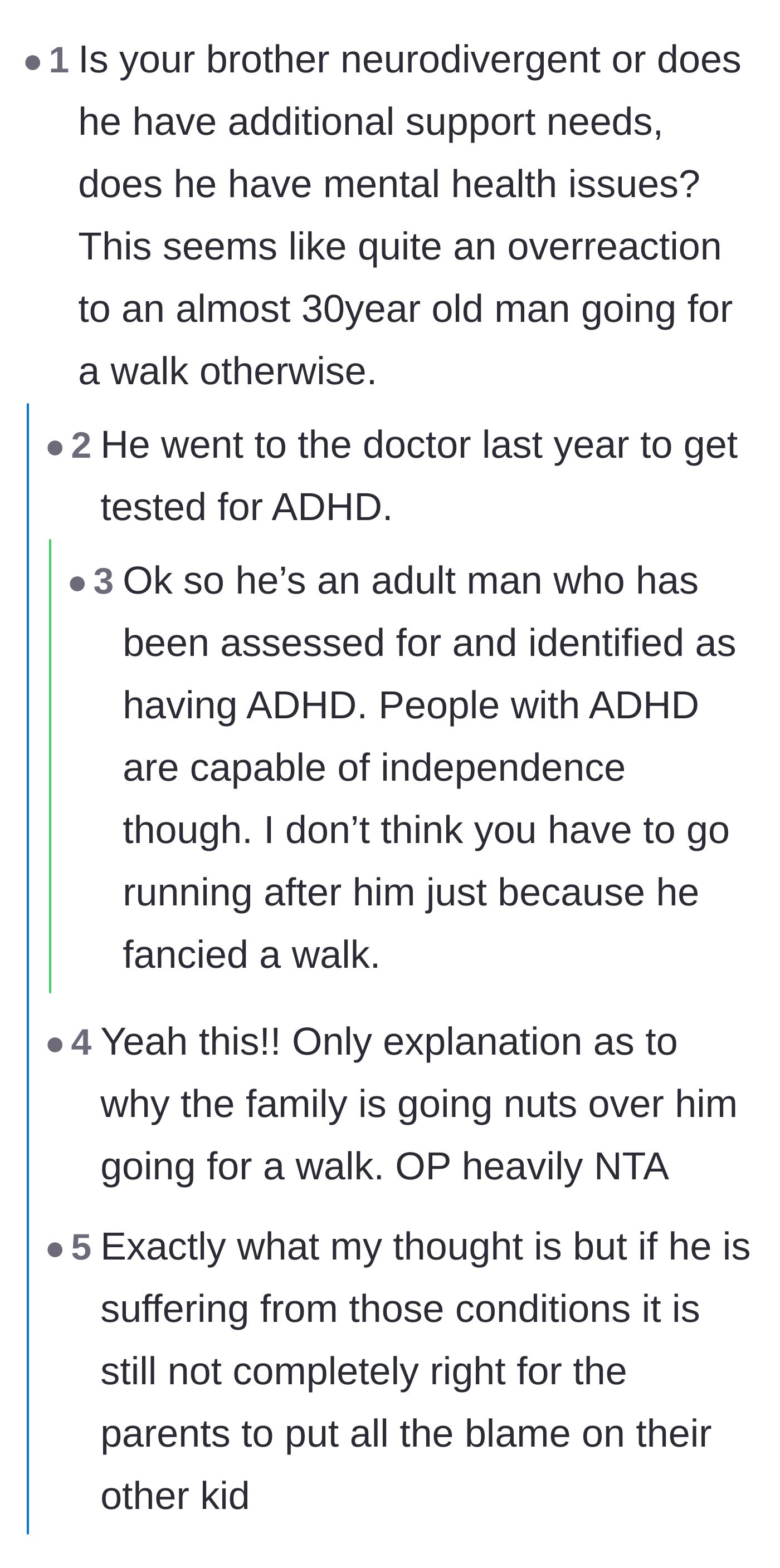 Comment thread 2 - A debate on whether a potential ADHD diagnosis excuses the brother's helpless behavior.