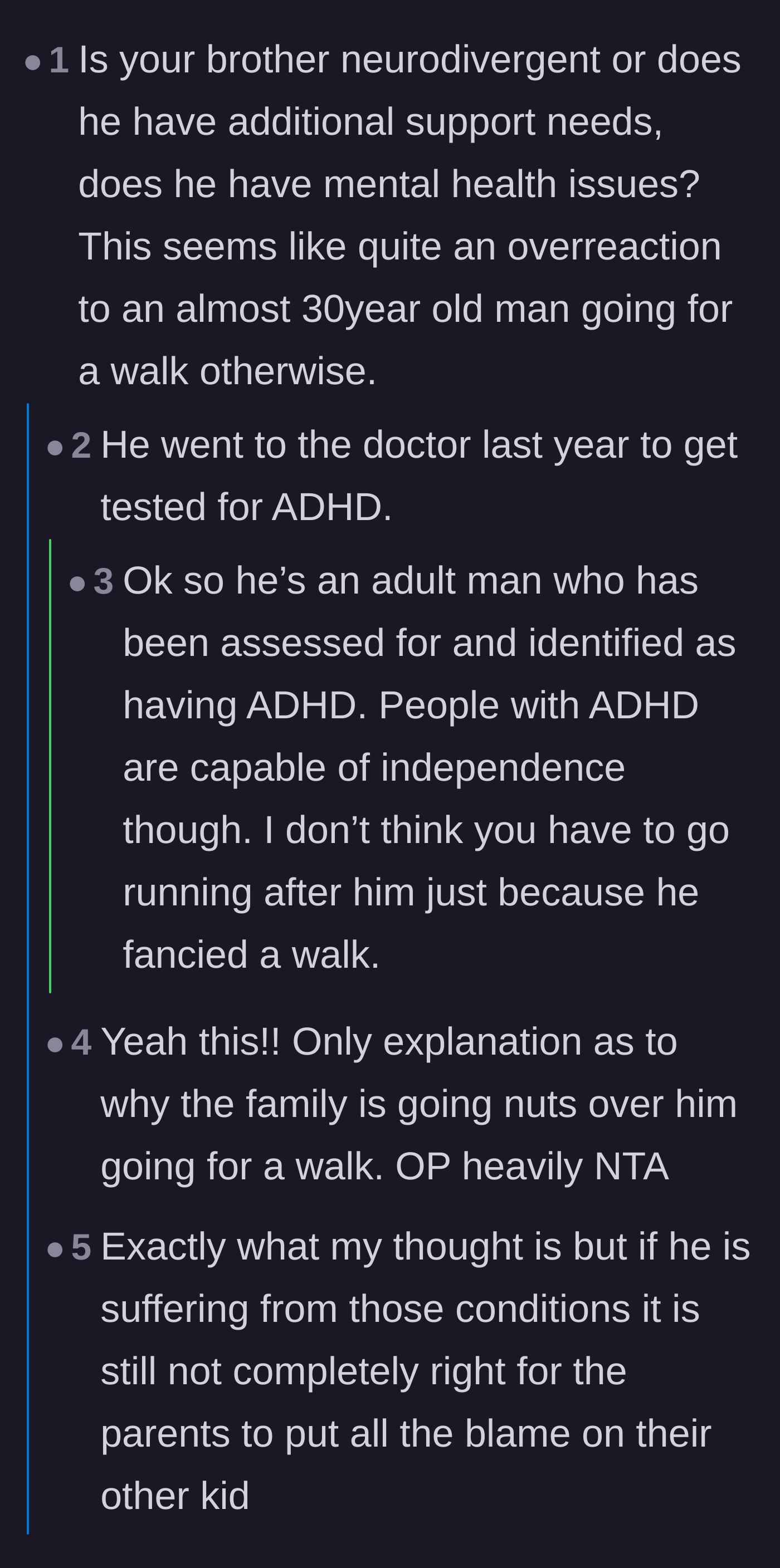 Comment thread 2 - A debate on whether a potential ADHD diagnosis excuses the brother's helpless behavior.